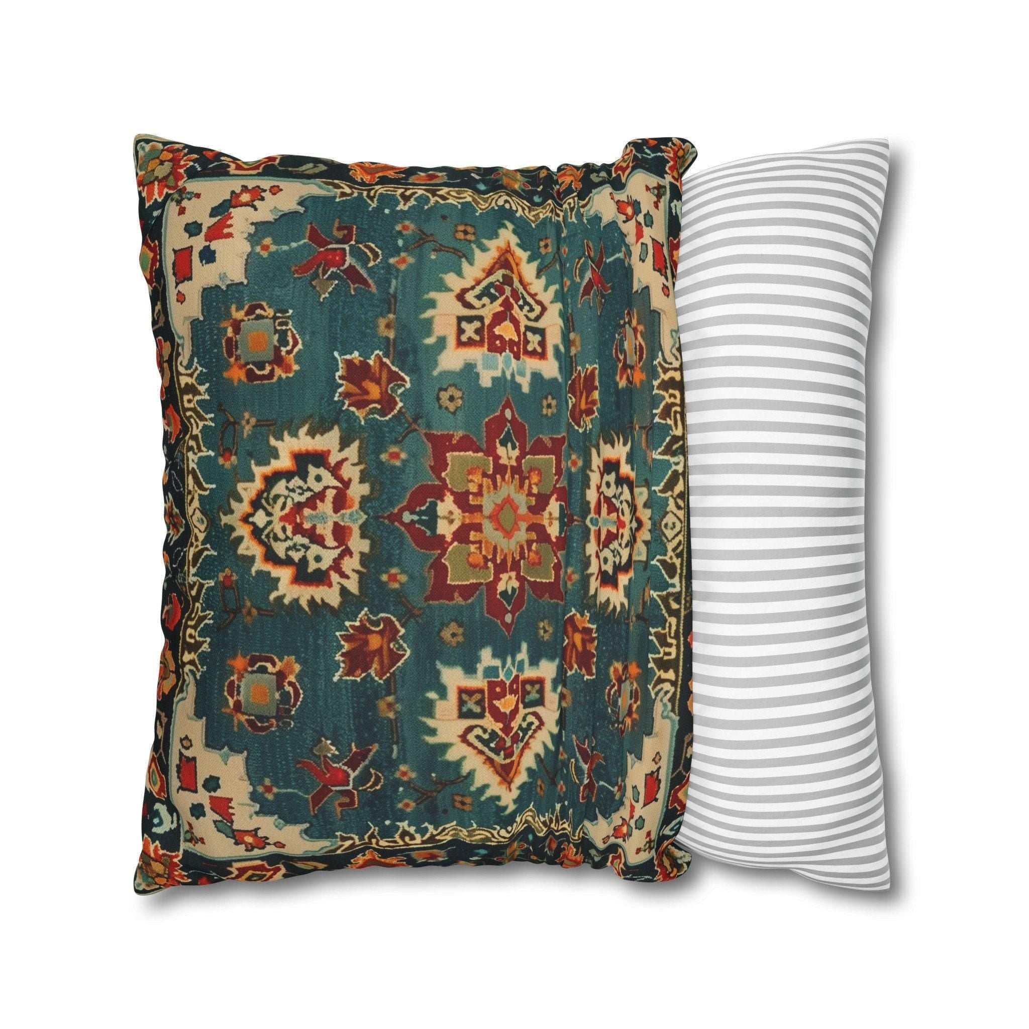 Turkish Rug-Inspired Throw Pillow Cover: Deep Teal & Warm Red Medallion Pattern Square Cushion
