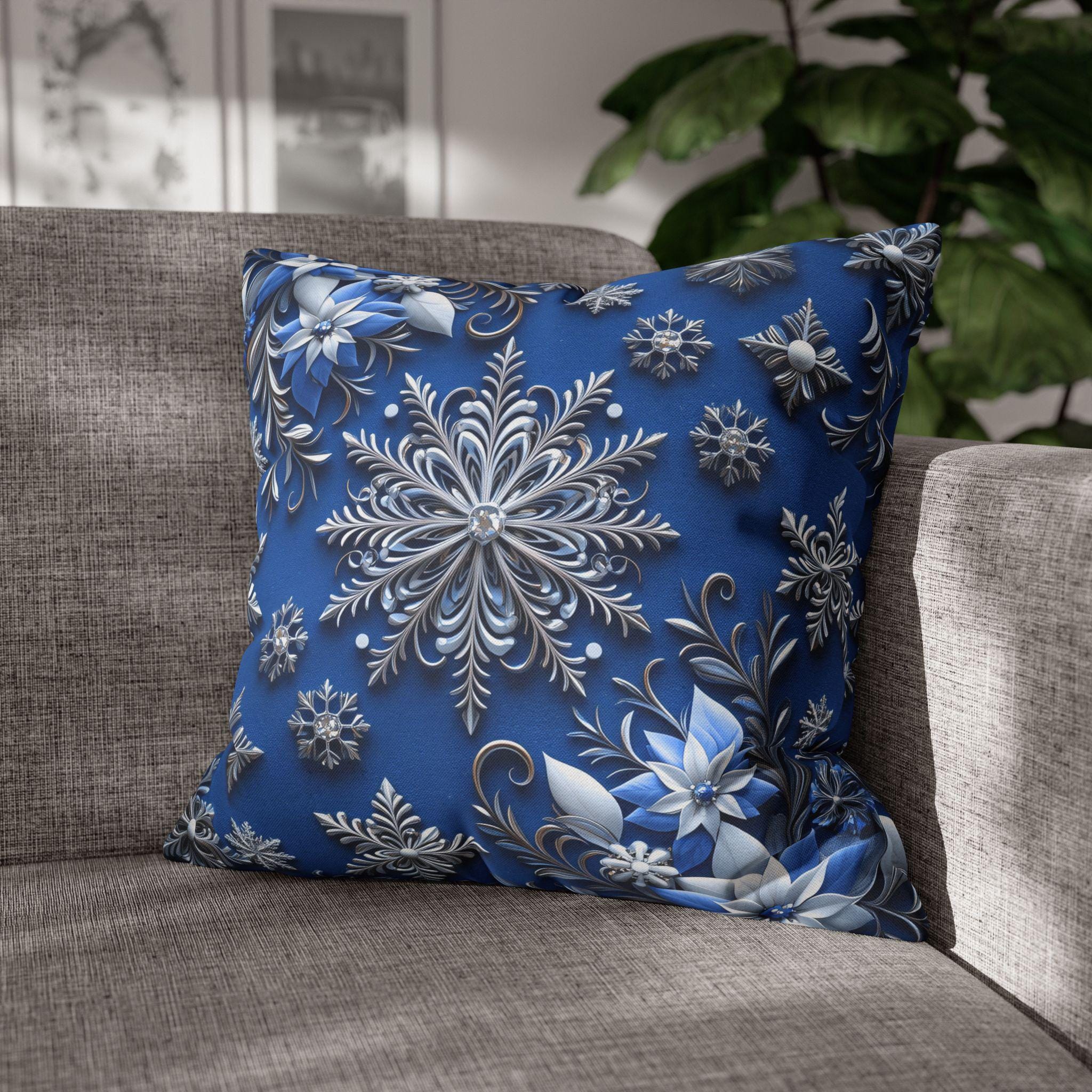 Winter Snowflake Square Pillowcase, Blue Decorative Pillow Cover, Christmas Holiday Home Decor