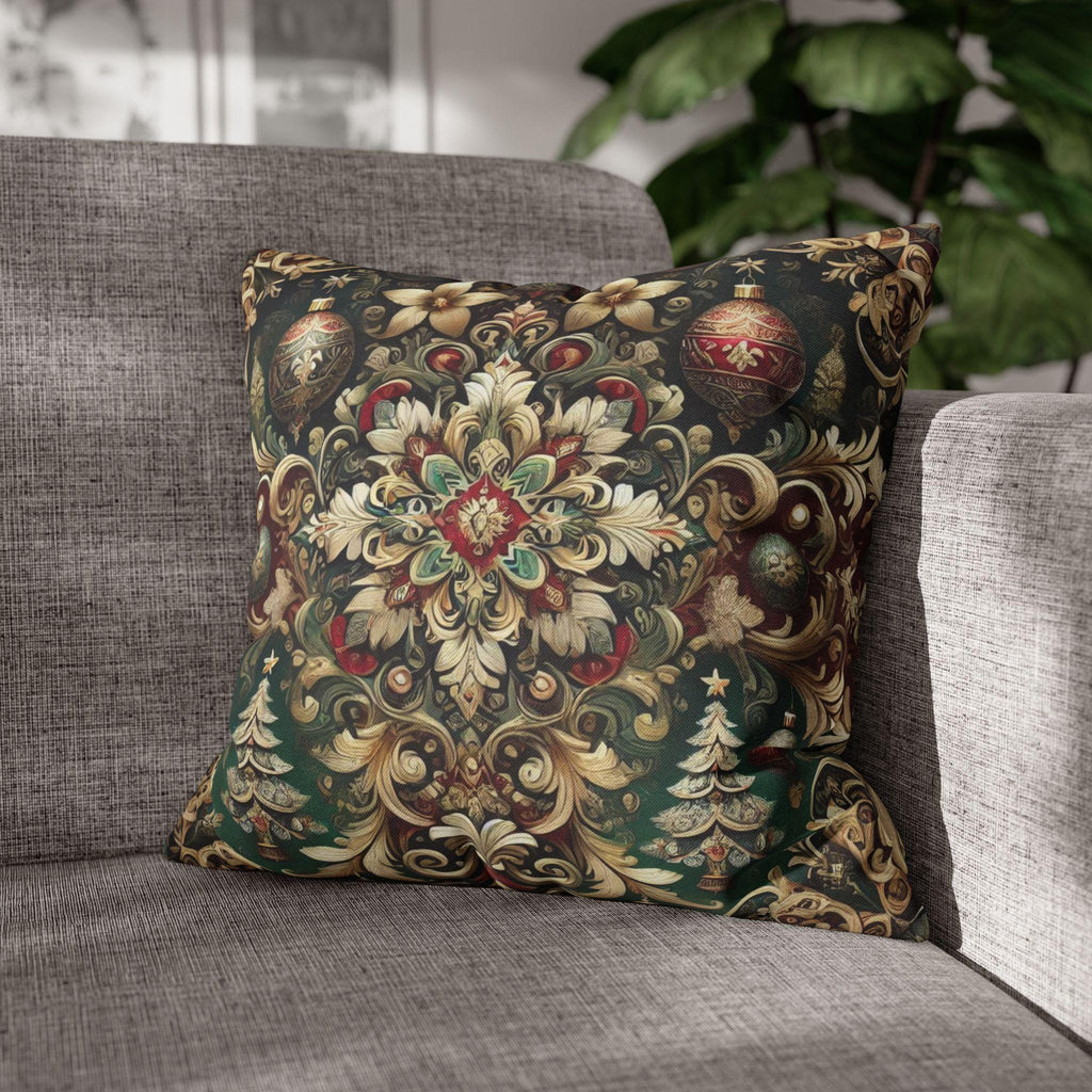 Baroque Christmas Square Pillow Cover, Gold Red Green Ornaments, Vintage Style Luxury Design Pillowcase