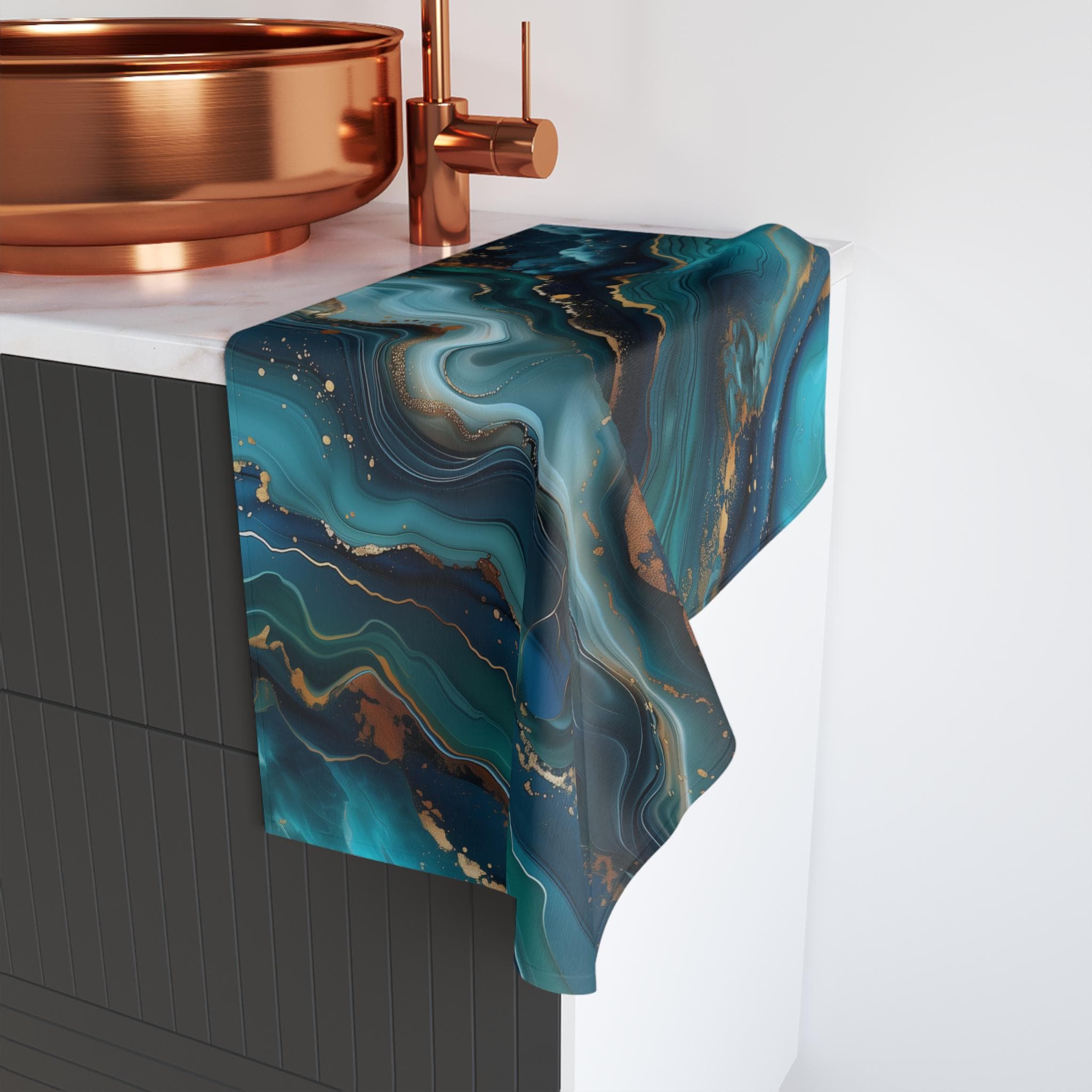 Ocean Wave Hand Towel: Teal Navy Marble Print with Gold Accents