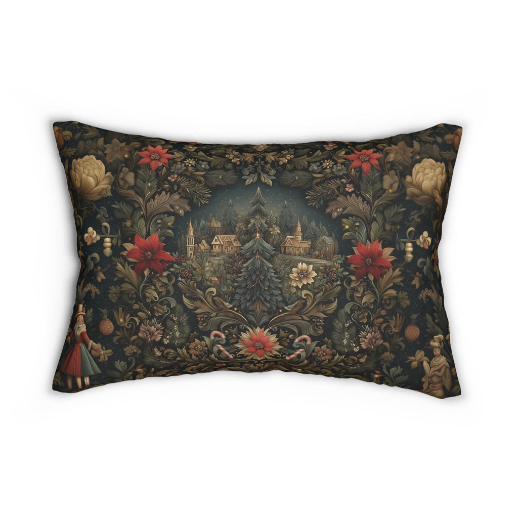 Storybook Village Christmas Lumbar Pillow: William Morris Style, Pine Green and Crimson Florals