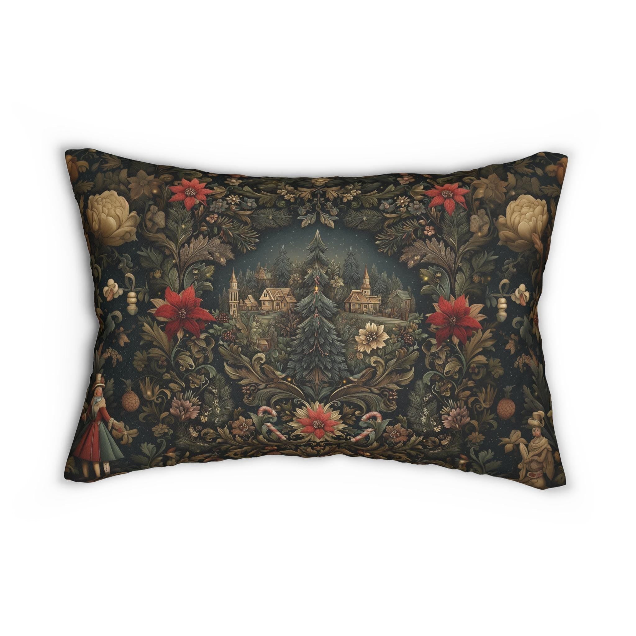 Storybook Village Christmas Lumbar Pillow: William Morris Style, Pine Green and Crimson Florals