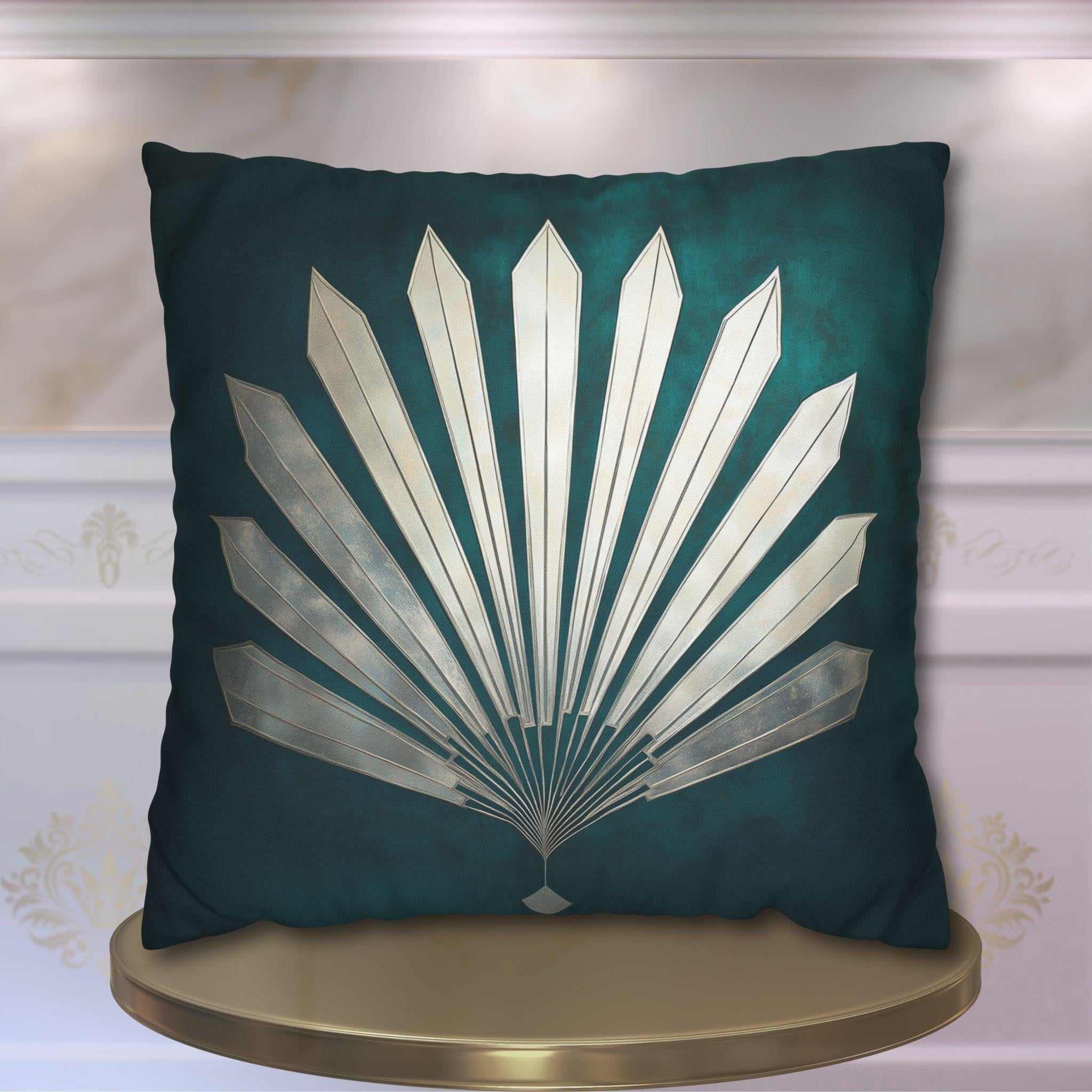 Art Deco Fanburst Pillow Cover: Teal & Silver Geometric Cushion for Vintage Glam Decor