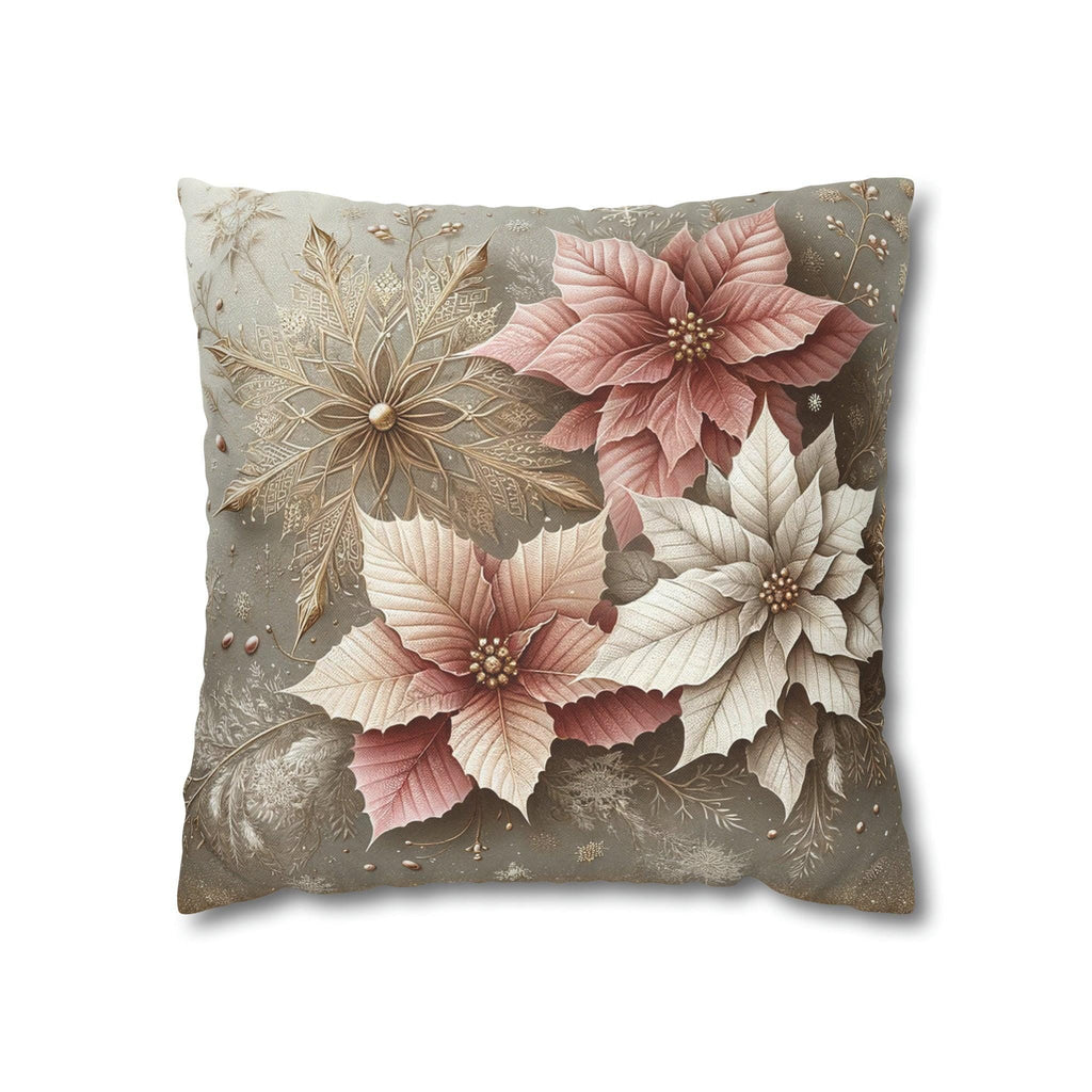 Holiday Pillow Cover, Pale Gold Snowflakes & Pink Poinsettias (Multiple Sizes)