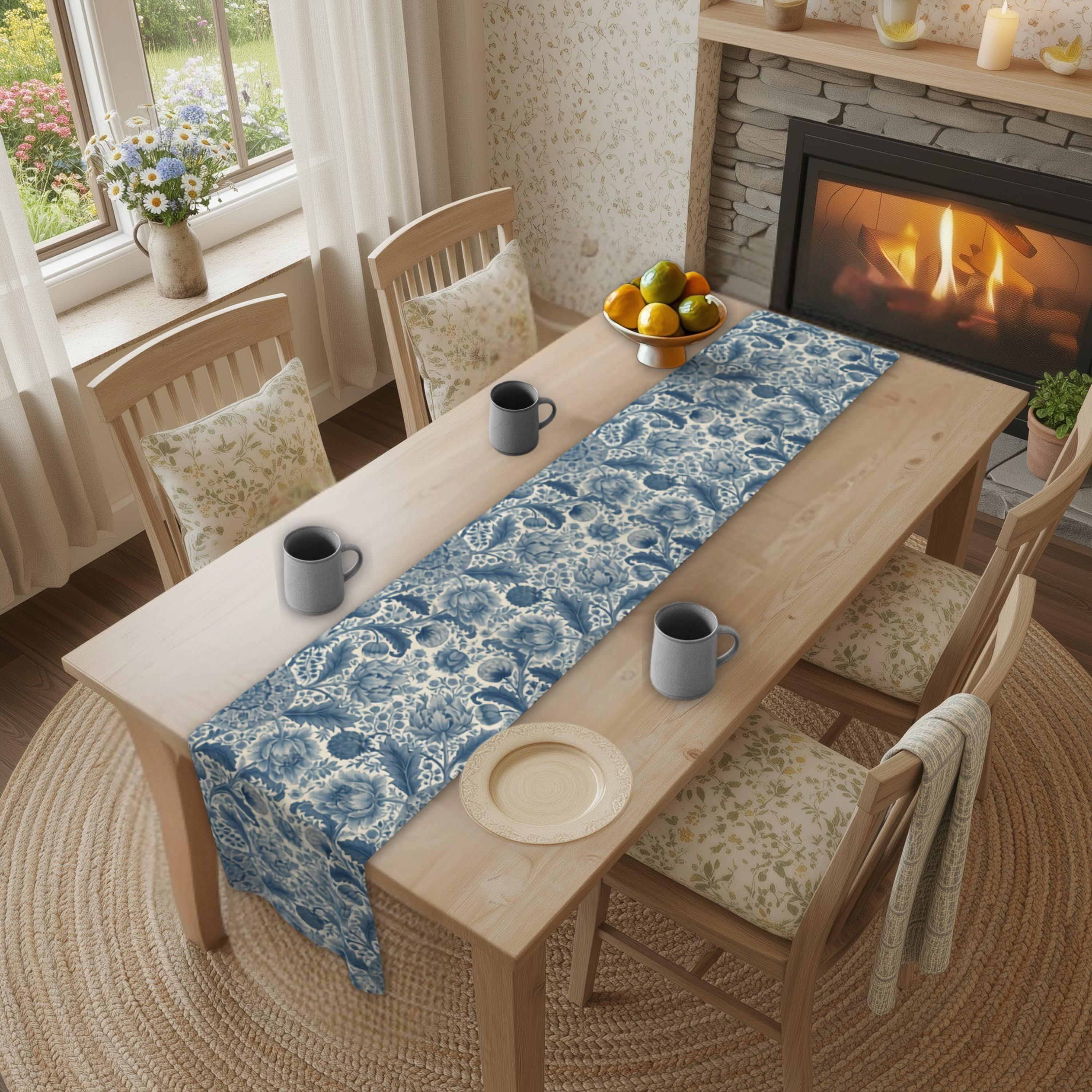 Botanical Toile Table Runner: Blue and Cream Vintage Style French Country Decor