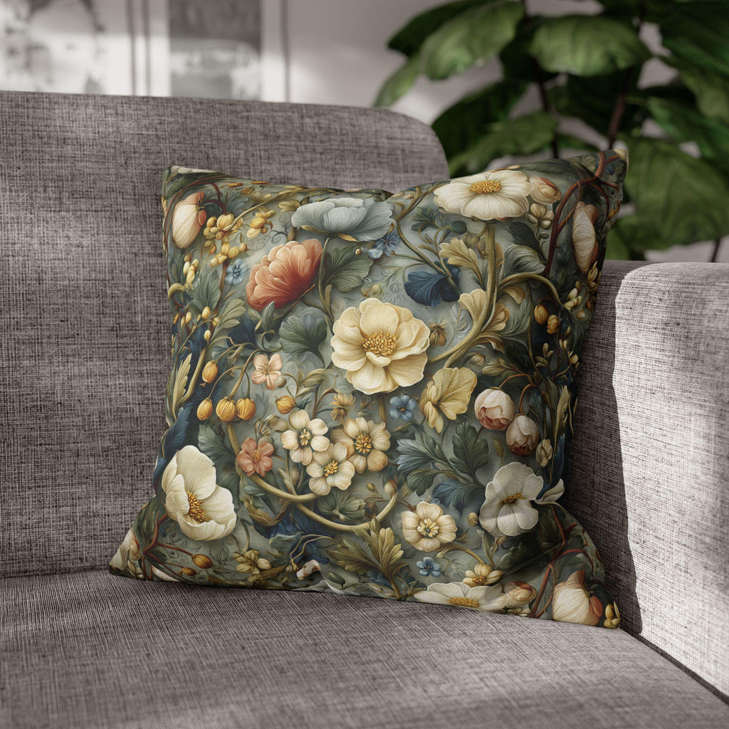 Vintage Style Meadow Garden Pillow Cover: Soft Sage Ivory & Lilac Botanical Floral