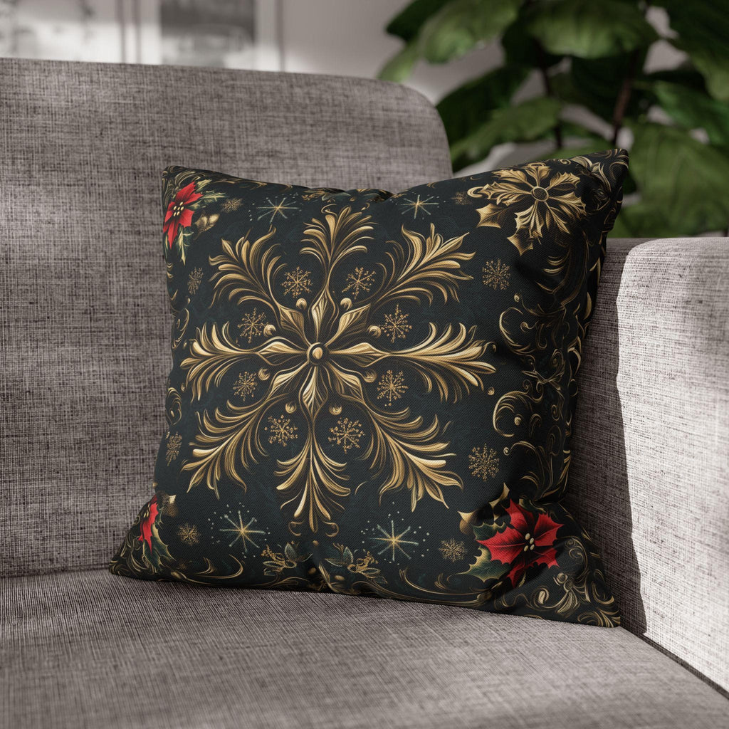 Victorian Christmas Throw Pillow Cover: Gold and Navy Snowflake & Poinsettia Holiday Accent Decor
