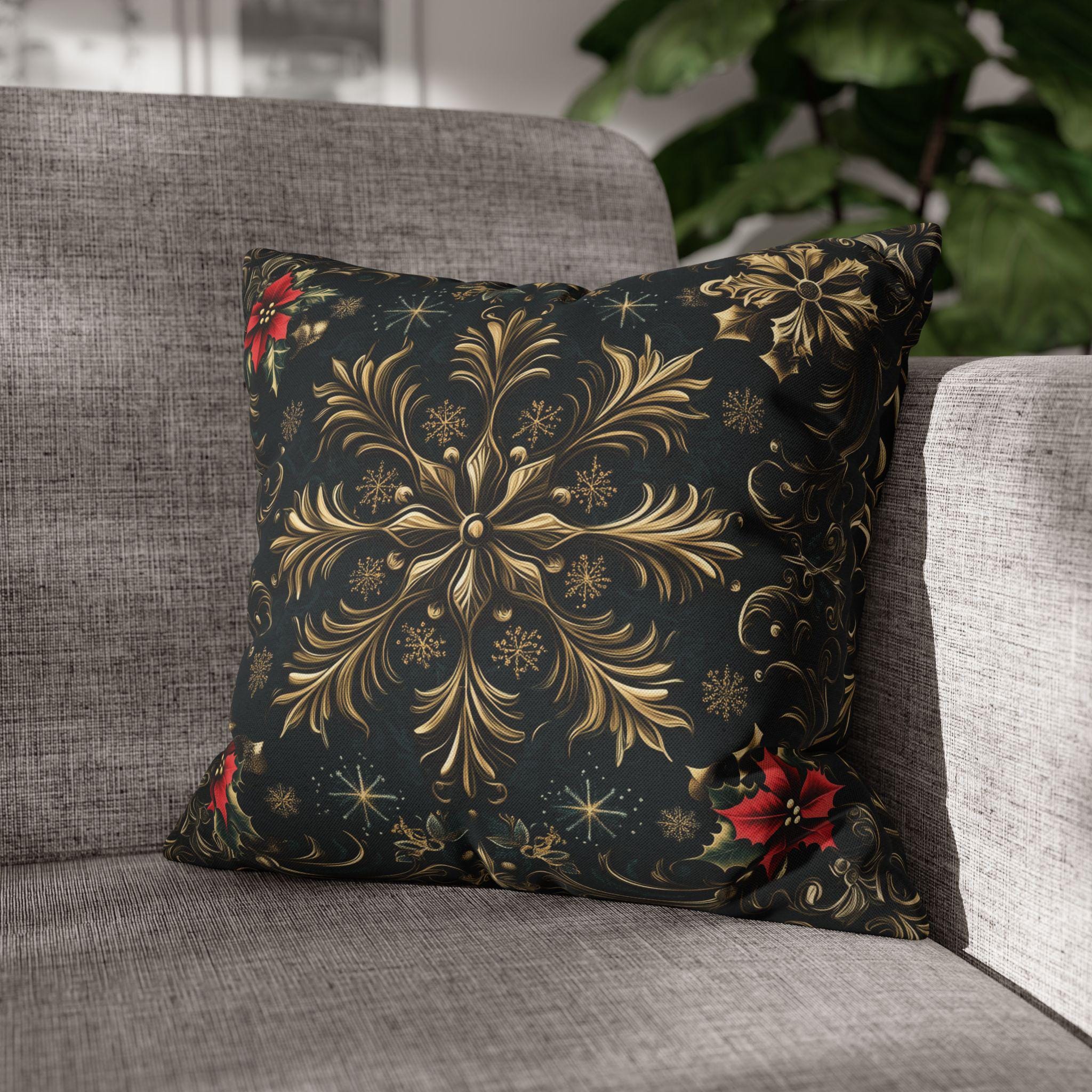 Victorian Christmas Throw Pillow Cover: Gold and Navy Snowflake & Poinsettia Holiday Accent Decor
