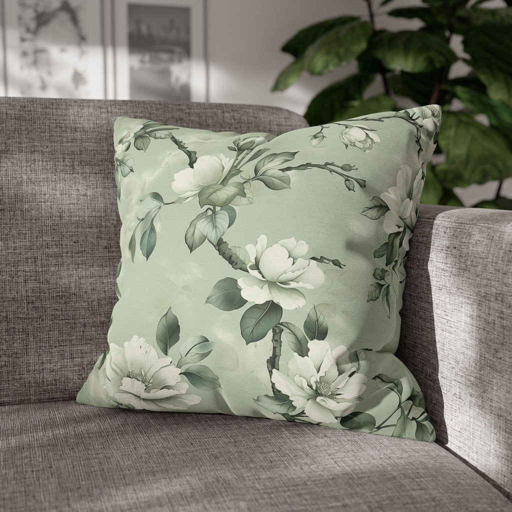White Magnolia Pillow Cover: Soft Mint Green Floral Cushion