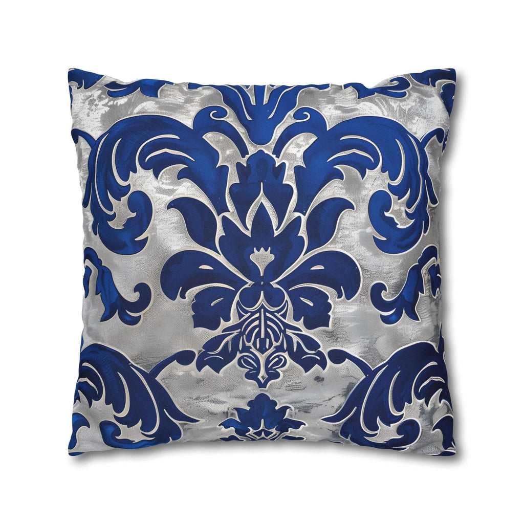 Baroque Royal Blue Floral Pillow Cover: Elegant Silver Accent