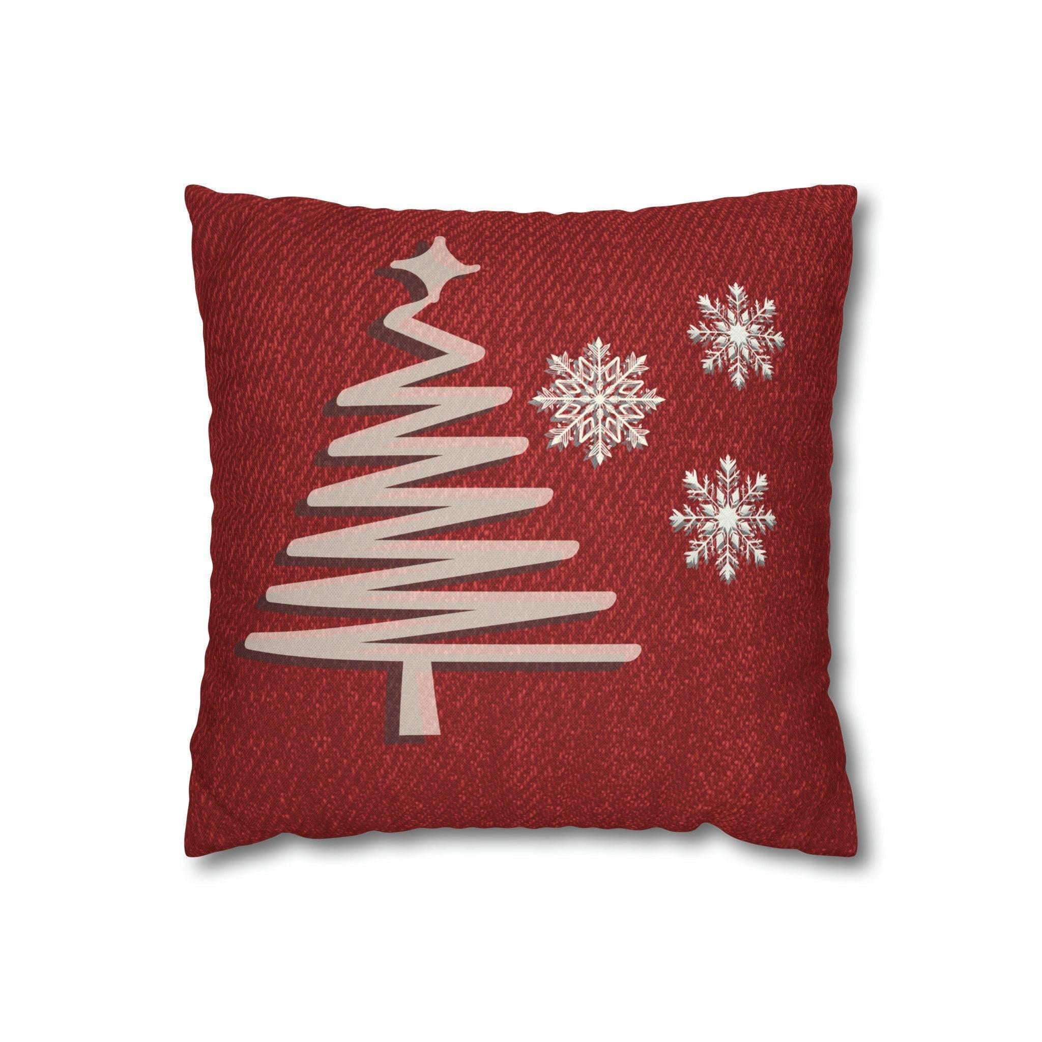 Rustic Elegance Pillow Cover: Beige Christmas Tree & Snowflakes on Red Textured Look Background