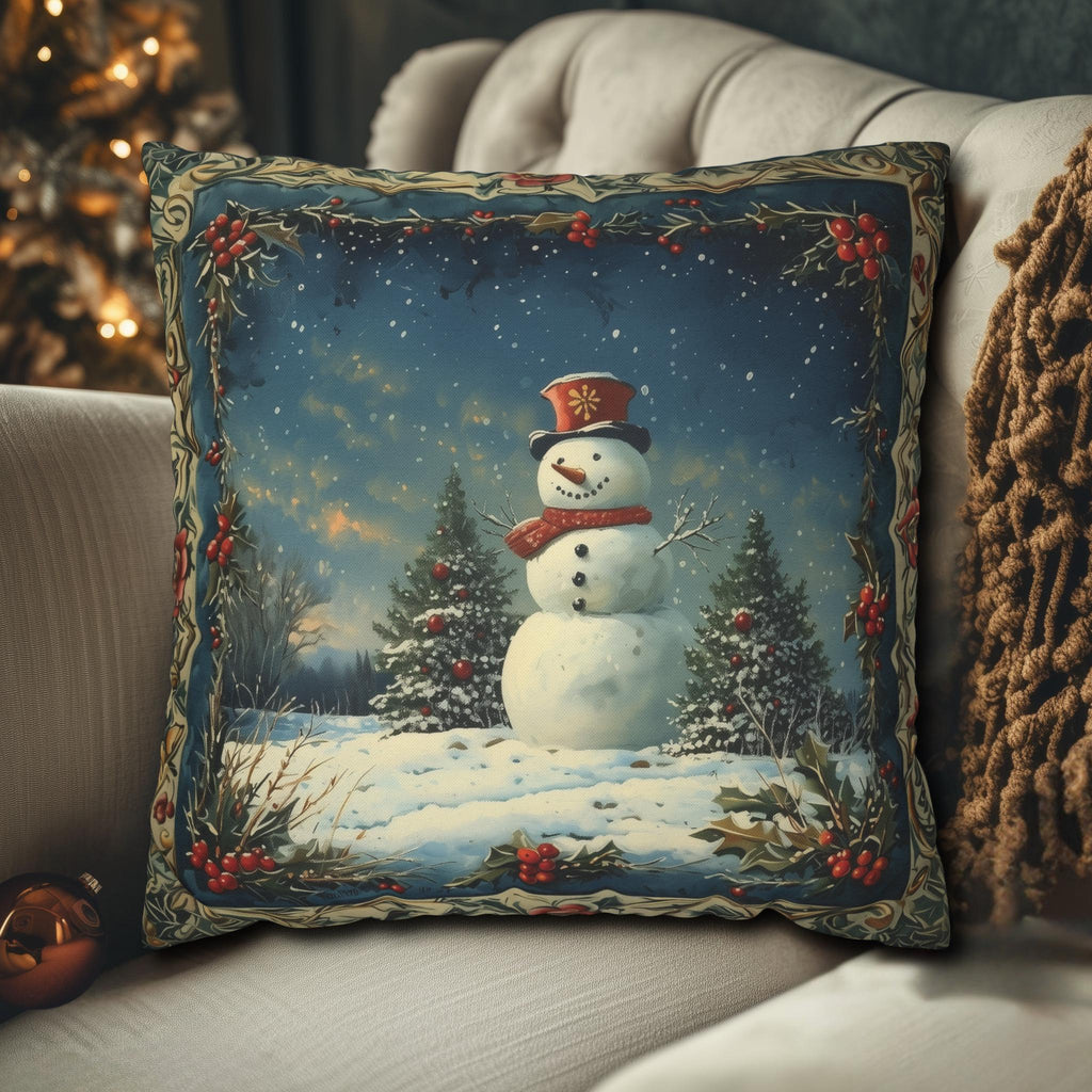 Oil Painting Style Christmas Pillow Cover: Snowman & Blue Forest Scene