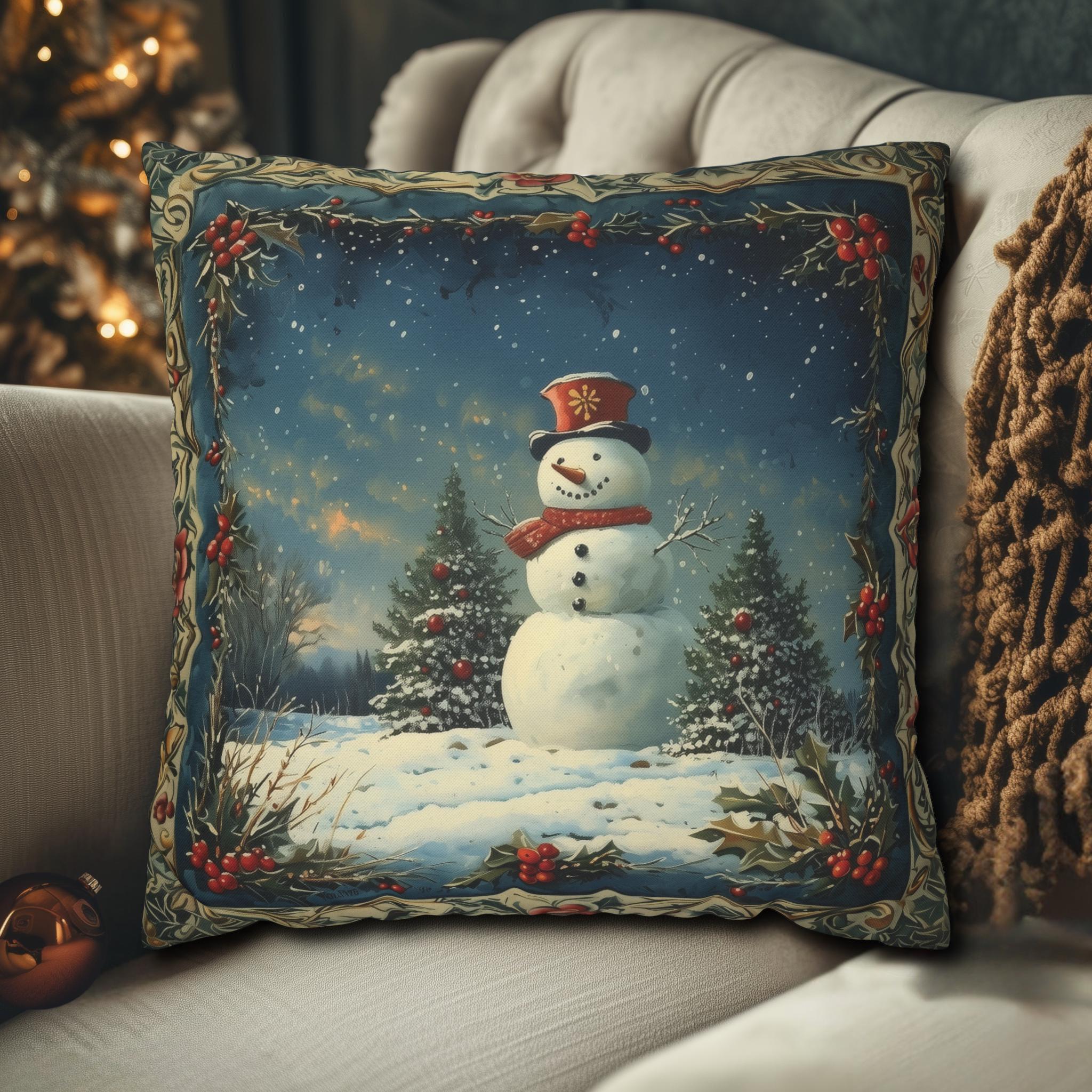 Oil Painting Style Christmas Pillow Cover: Snowman & Blue Forest Scene