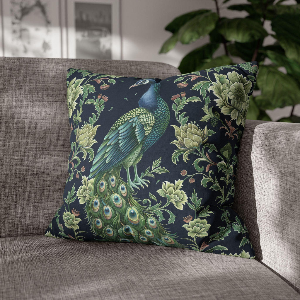 Peacock and Floral Pillow Cover | Elegant Navy Blue Background | Nature-Inspired Home Decor