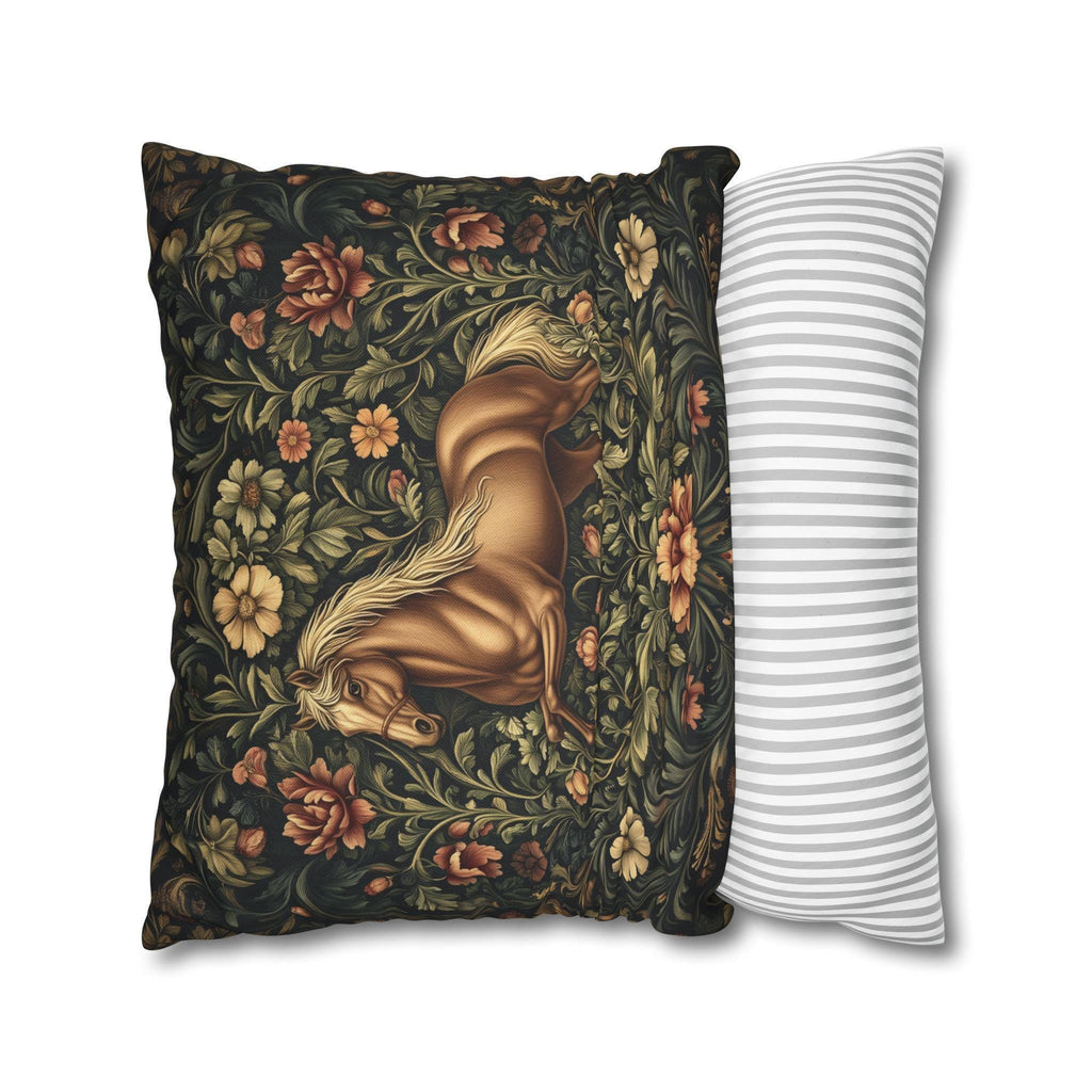 Elegant Equestrian Pillow Cover: William Morris Inspired Botanical Floral Design with Golden Horse Motif