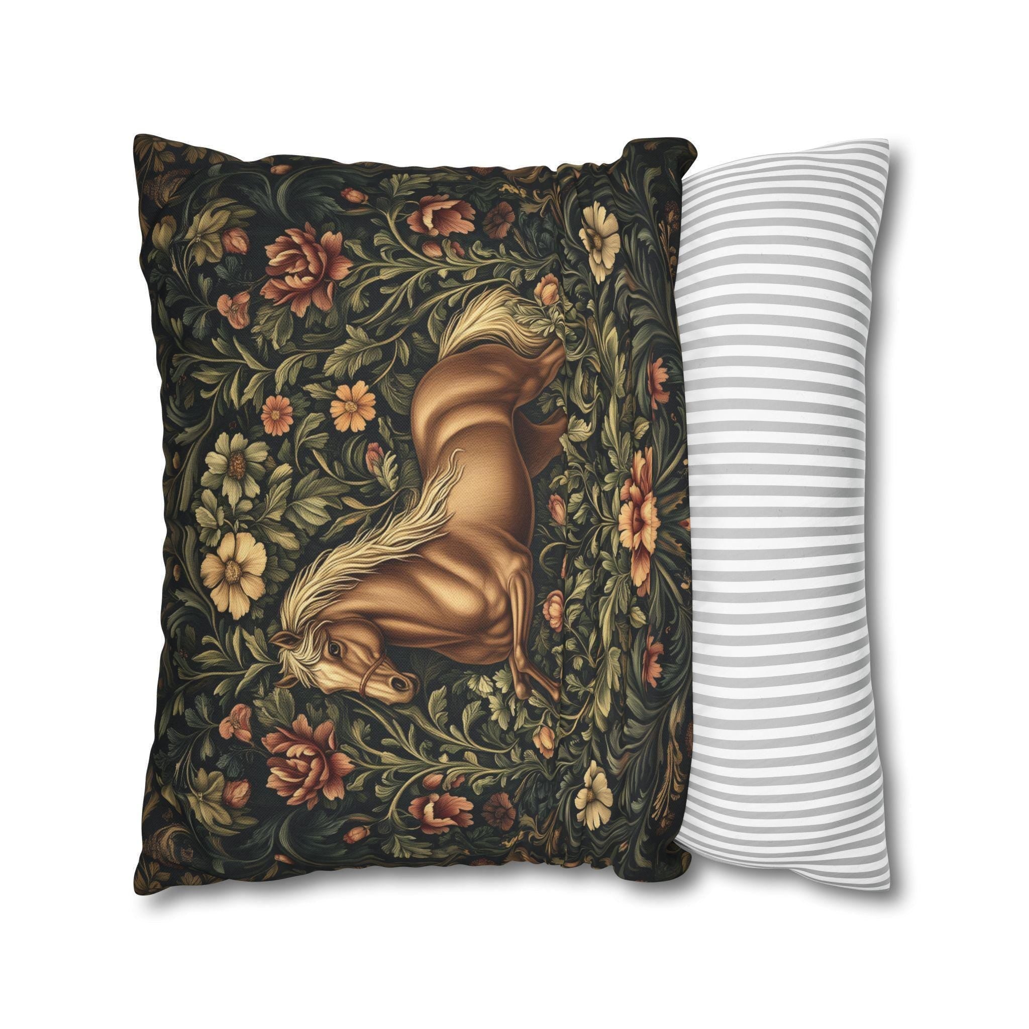 Elegant Equestrian Pillow Cover: William Morris Inspired Botanical Floral Design with Golden Horse Motif