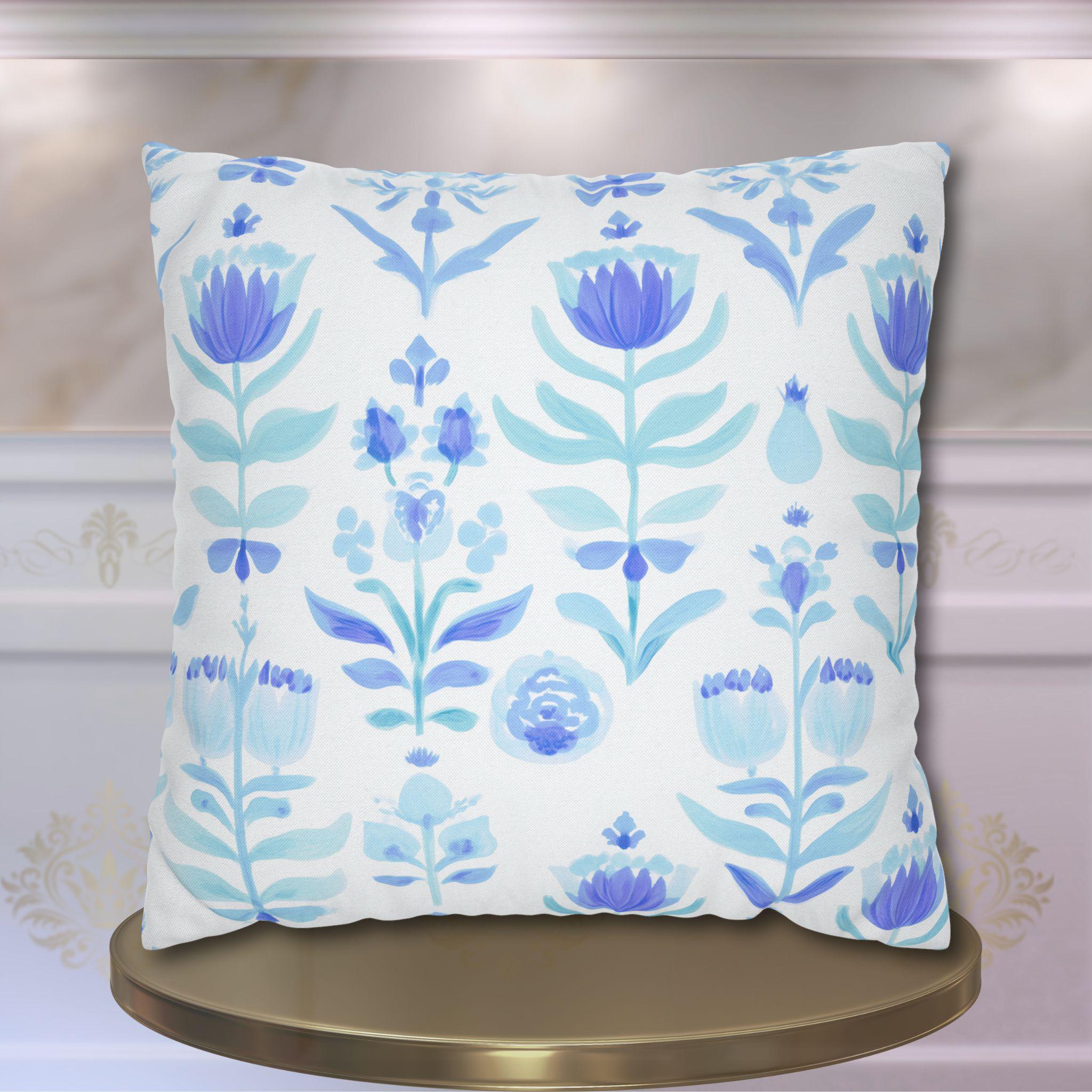 Blue Watercolor Floral Pillow Cover: Folk Art Stamped Cushion Case for Cottagecore Spring Decor