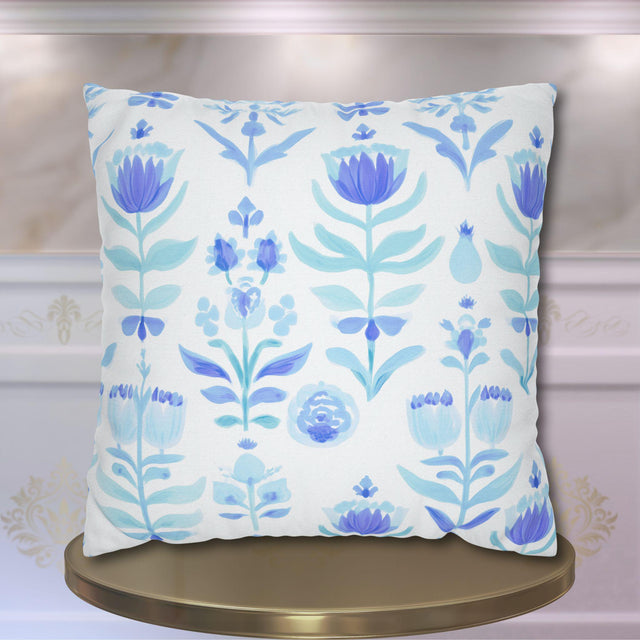 Blue Watercolor Floral Pillow Cover: Folk Art Stamped Cushion Case for Cottagecore Spring Decor