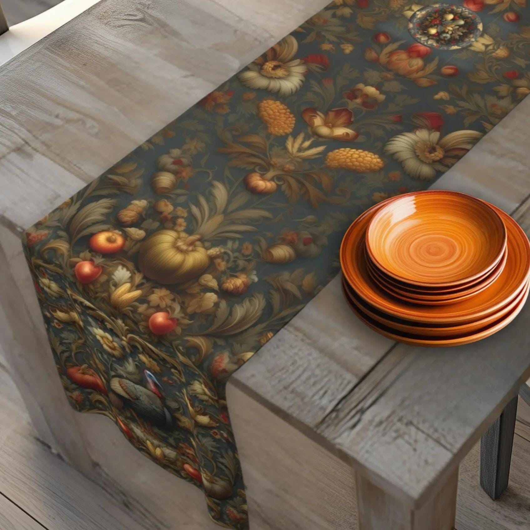 William Morris Autumn Harvest Table Runner: Turkey Tapestry, Rustic Fall Decor