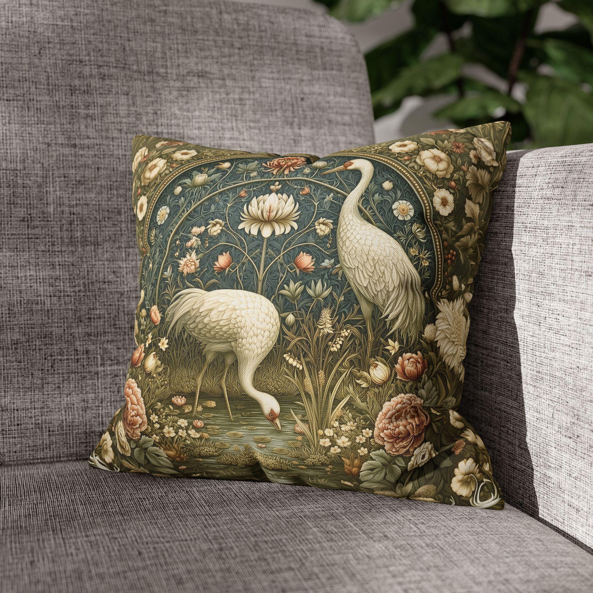 William Morris Style Throw Pillow Cover: Cranes and Marsh Botanicals