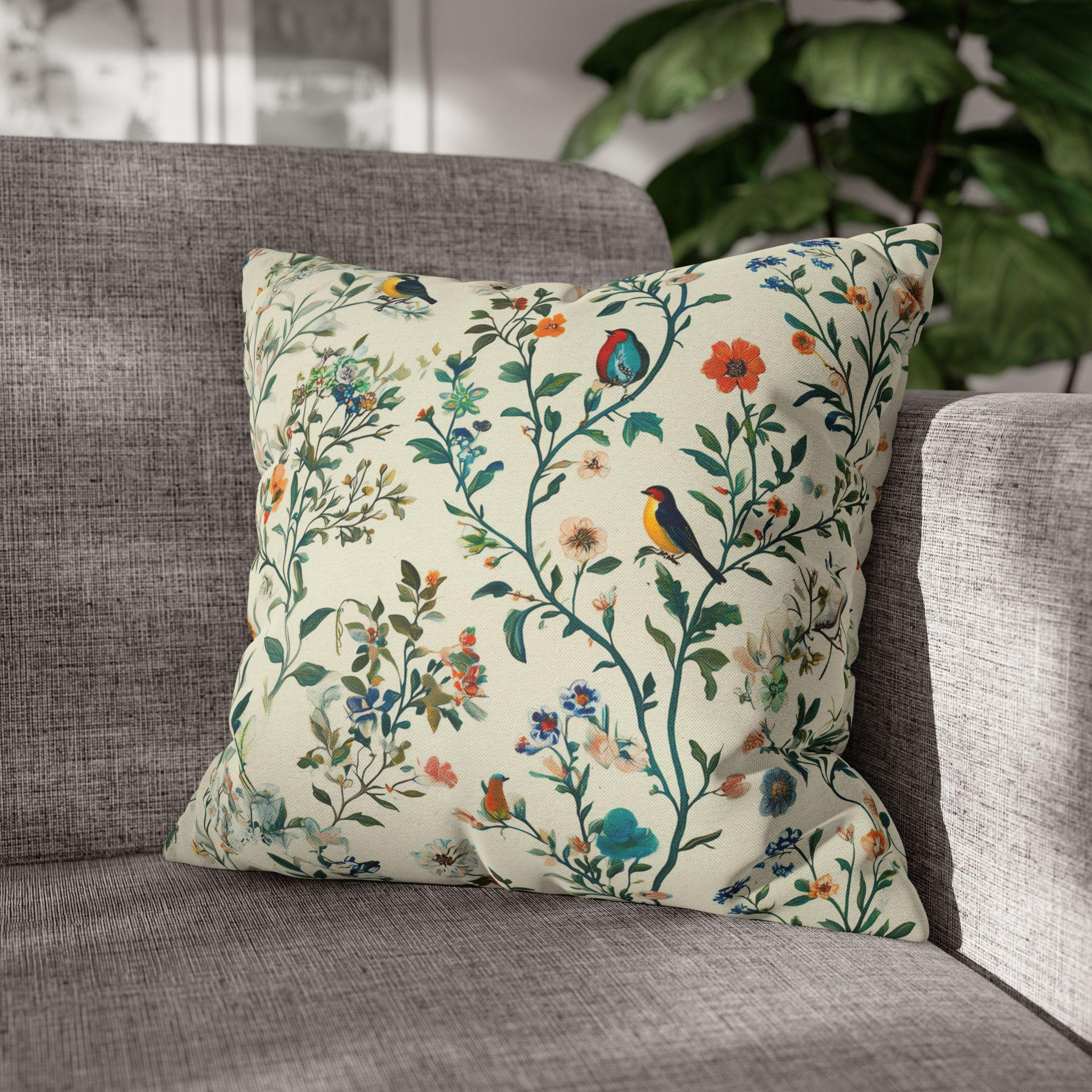 Vintage Chinoiserie Bird Pillow Cover: Cream Floral Botanical Cushion