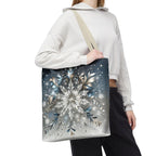Elegant Snowflake Tote Bag, Silver & Blue Polyester Canvas