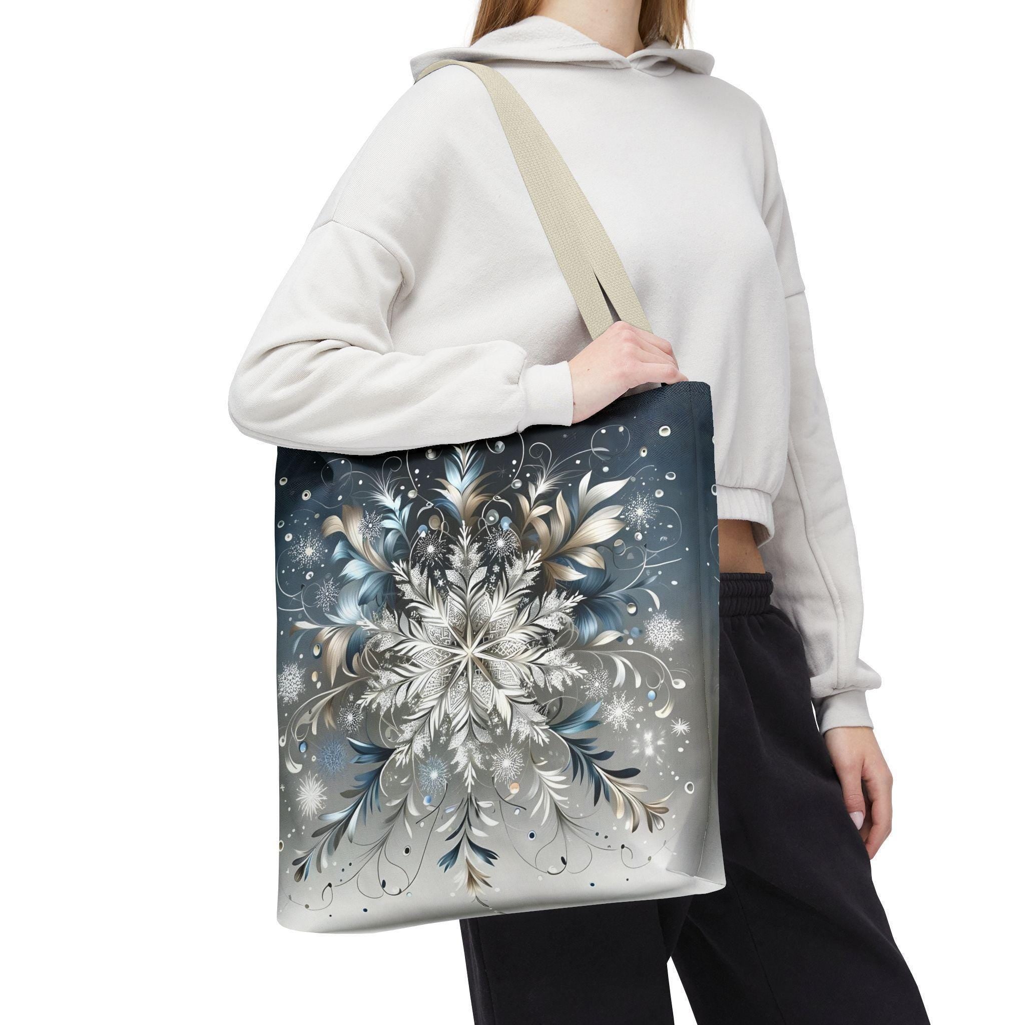 Elegant Snowflake Tote Bag, Silver & Blue Polyester Canvas