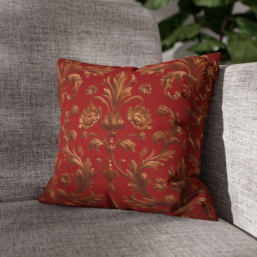 Baroque Floral Christmas Pillowcase: Rich Red, Antique Gold Spun Polyester Square Throw Pillow Cover