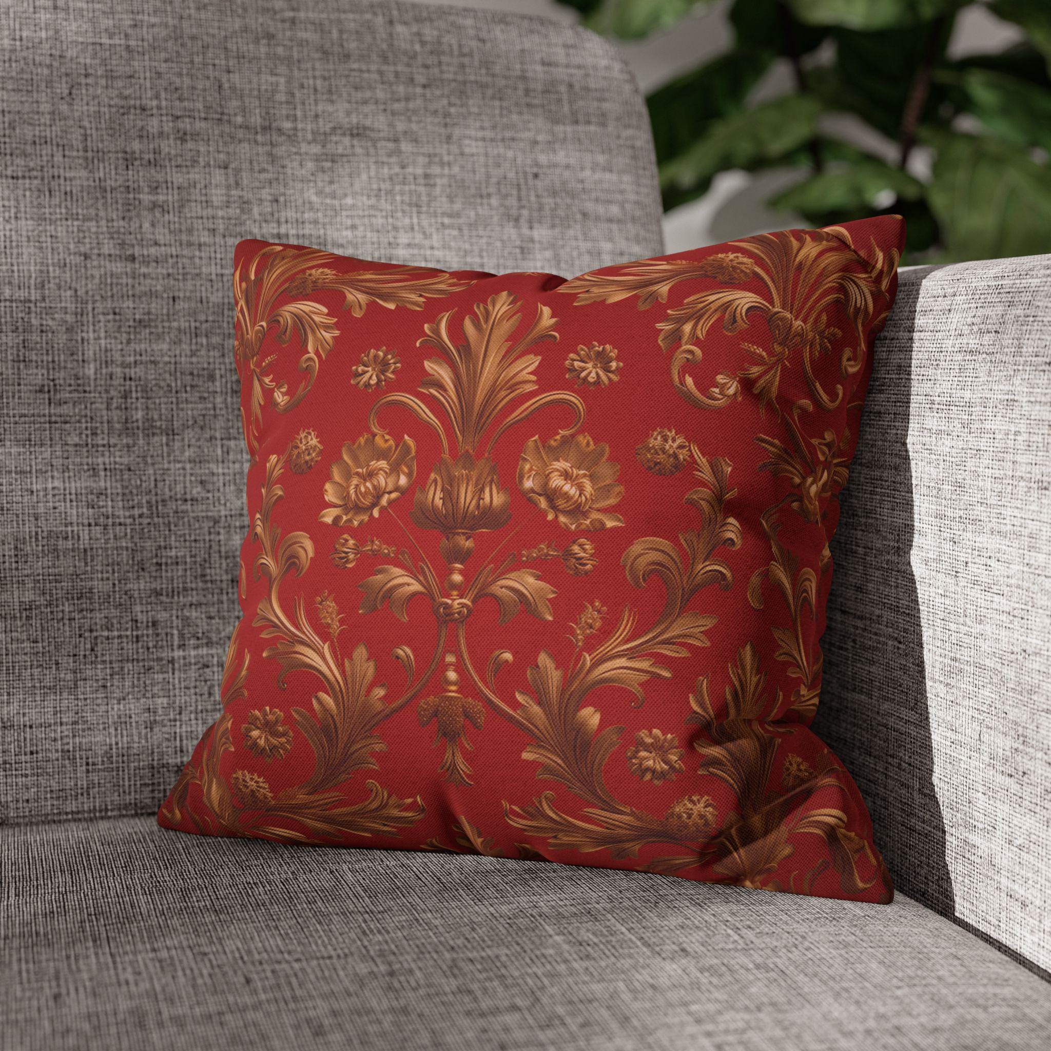 Baroque Floral Christmas Pillowcase: Rich Red, Antique Gold Spun Polyester Square Throw Pillow Cover