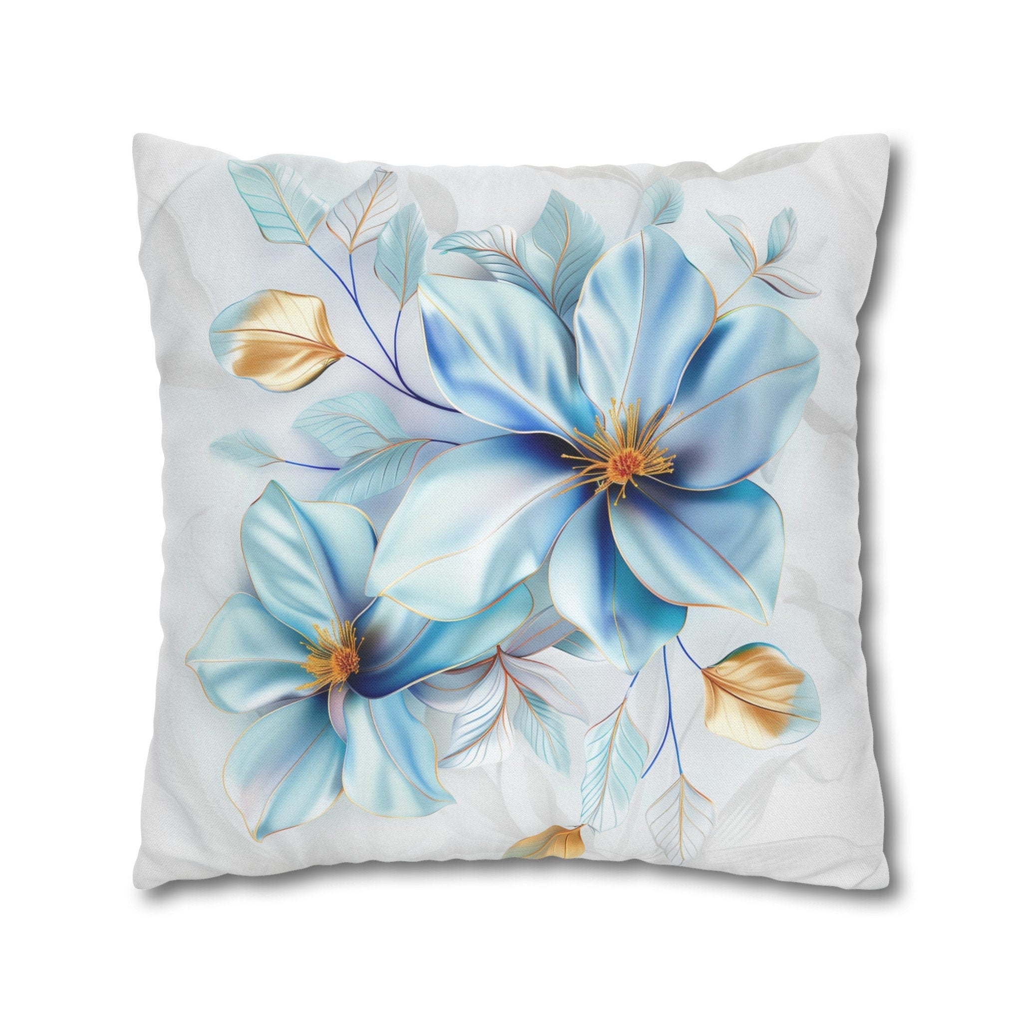 Blue Magnolia Pillow Cover with Golden Accents: Elegant Floral Cushion Case