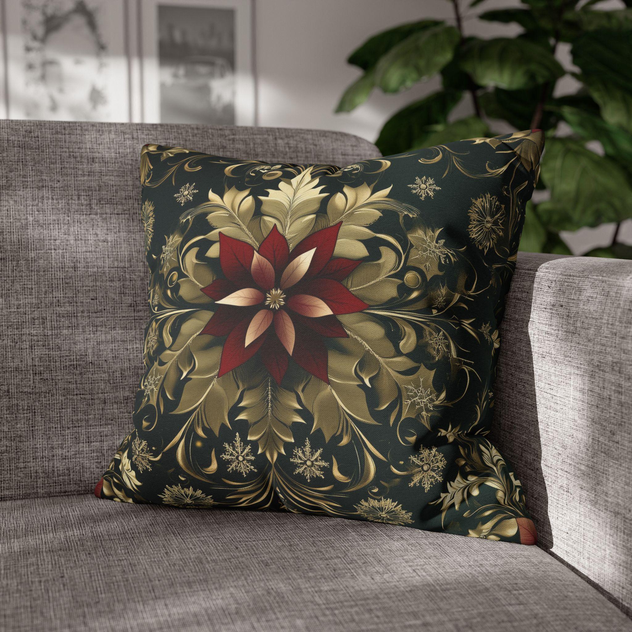 Poinsettia Pillowcase: Festive Holiday Floral, Red and Gold Winter Accent