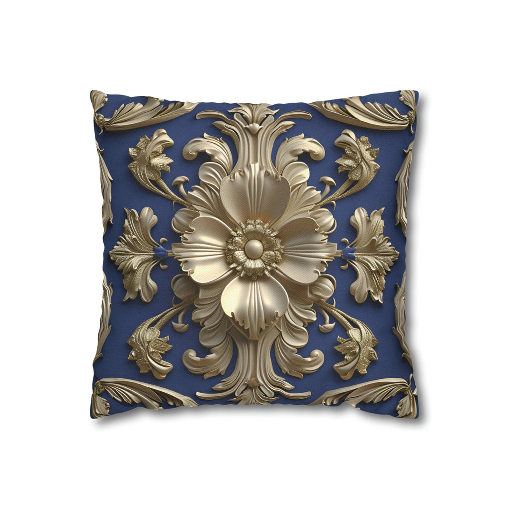 Luxurious Baroque Floral Pillow Cover: Deep Blue with Pale Gold Symmetrical Design