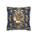 Luxurious Baroque Floral Pillow Cover: Deep Blue with Pale Gold Symmetrical Design