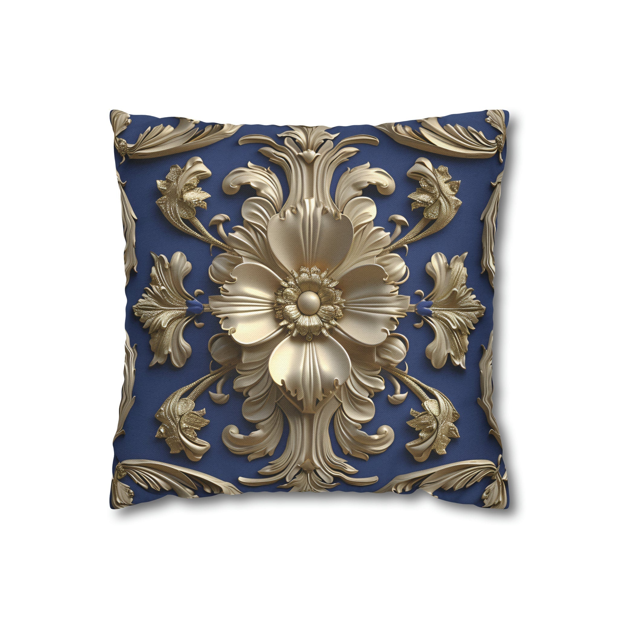 Luxurious Baroque Floral Pillow Cover: Deep Blue with Pale Gold Symmetrical Design