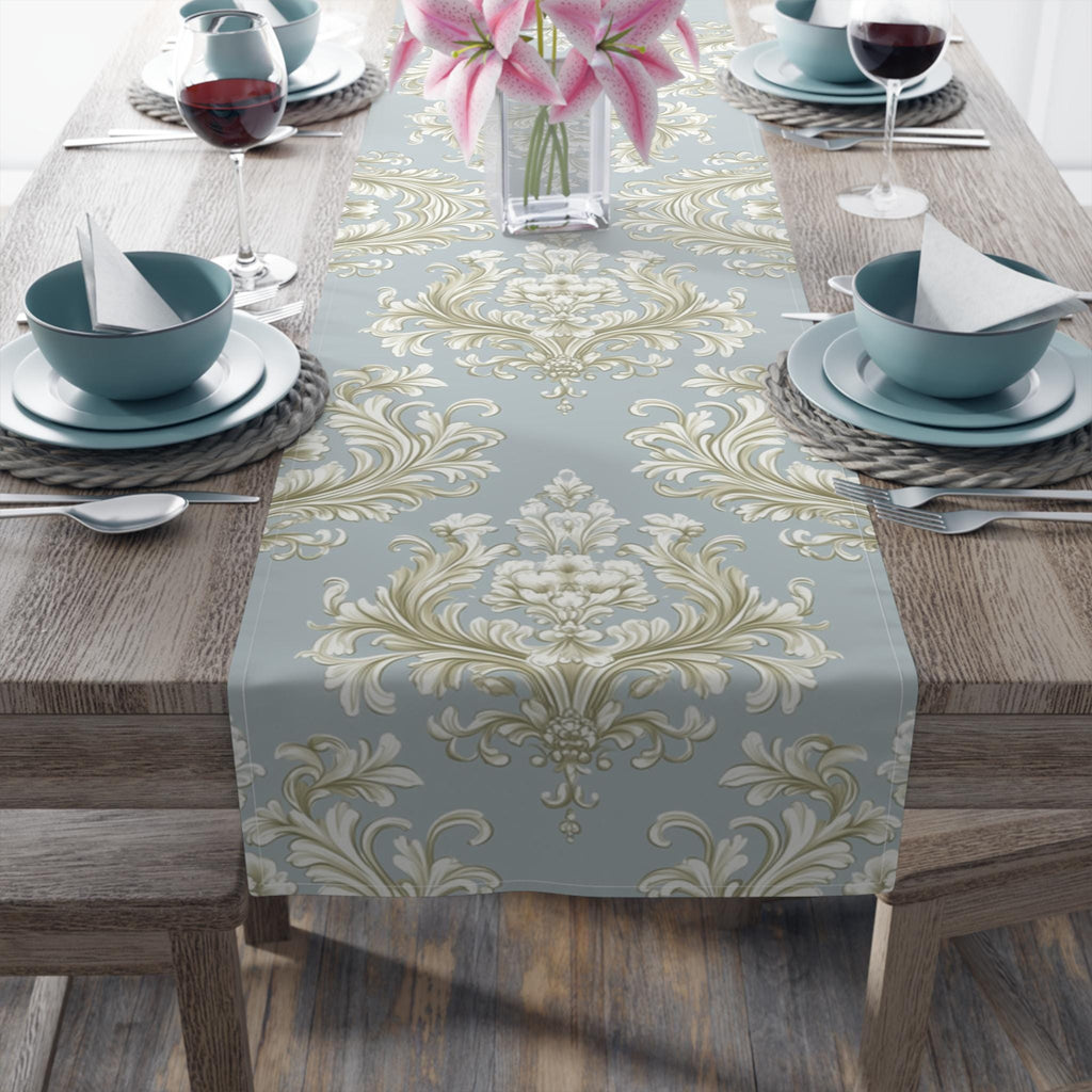 Baroque Floral Table Runner, Champagne Gold, Powder Blue