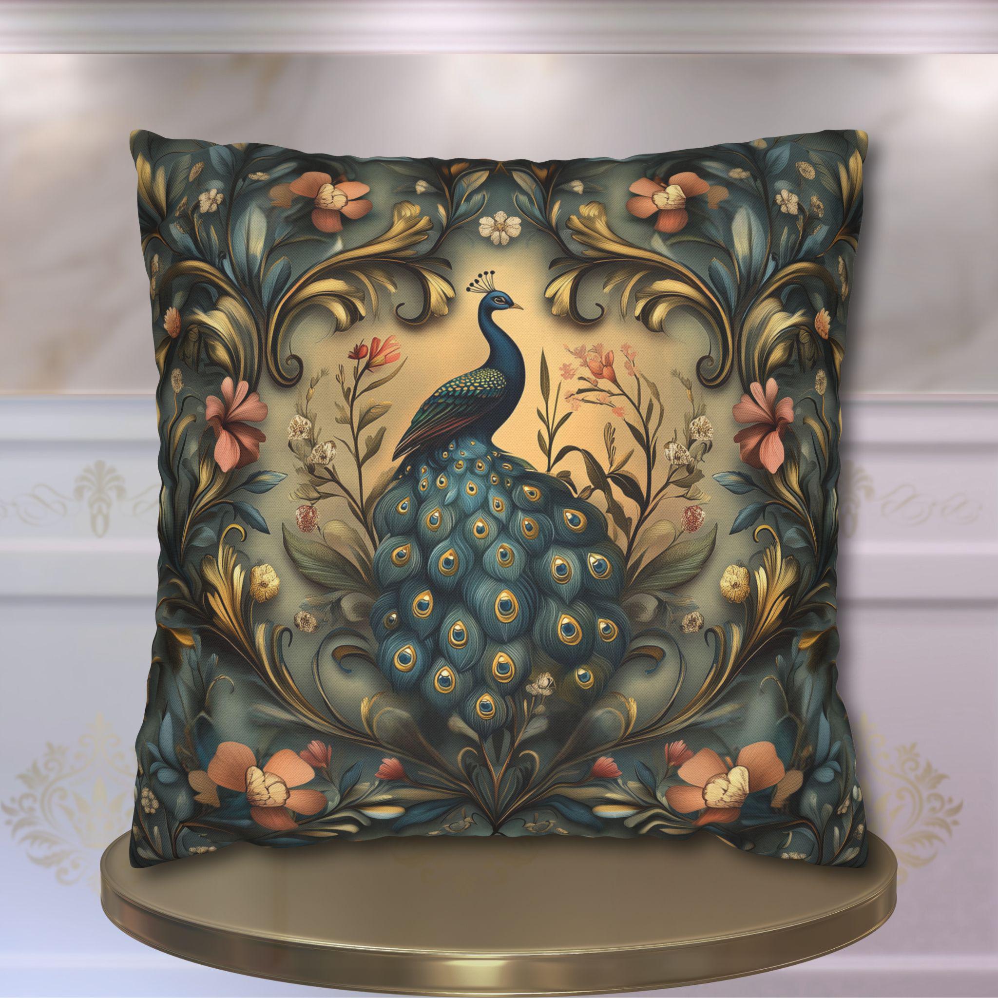 Peacock Pillow Cover: William Morris Floral Tapestry Design