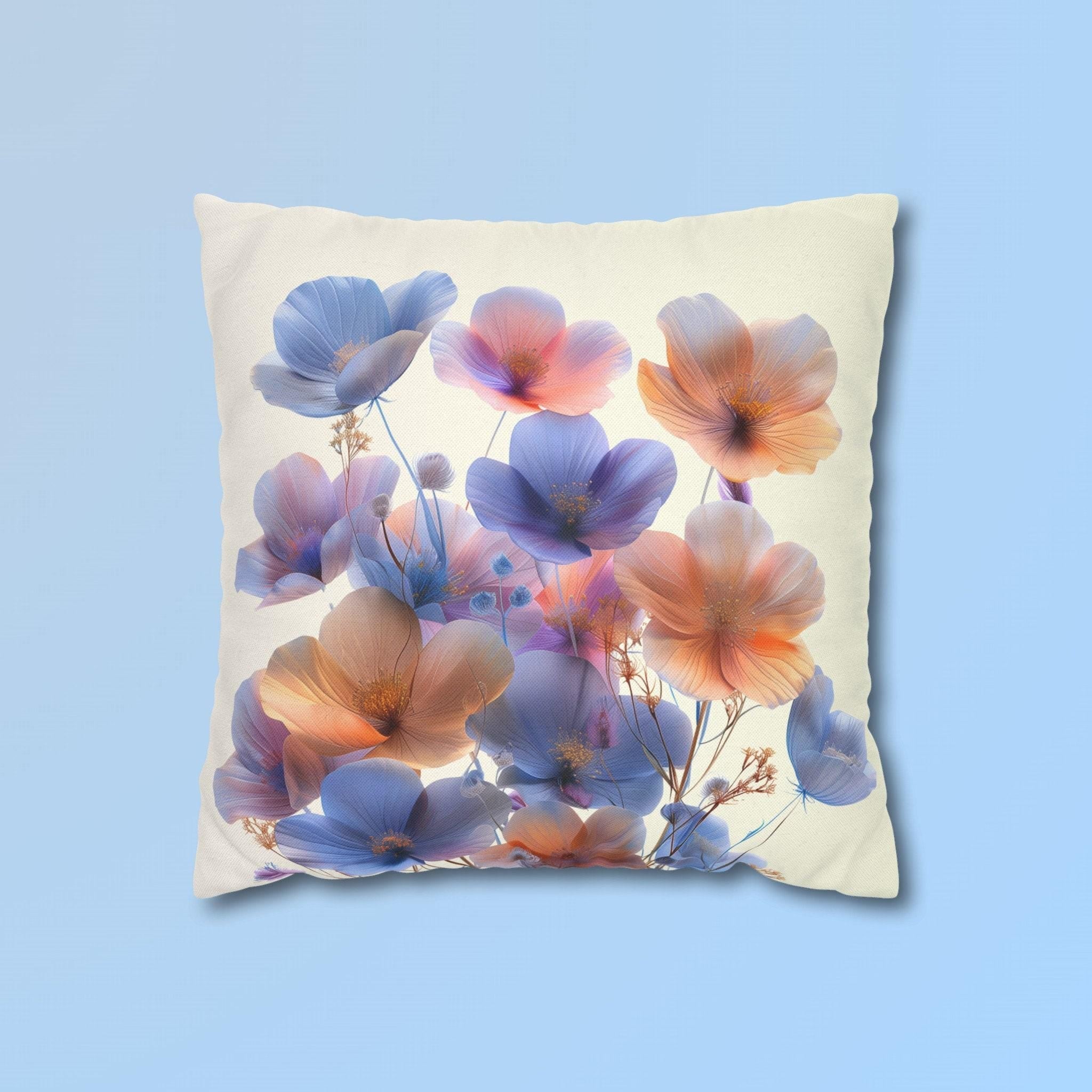 Watercolor Floral Throw Pillow Cover, Translucent Blossoms Decor