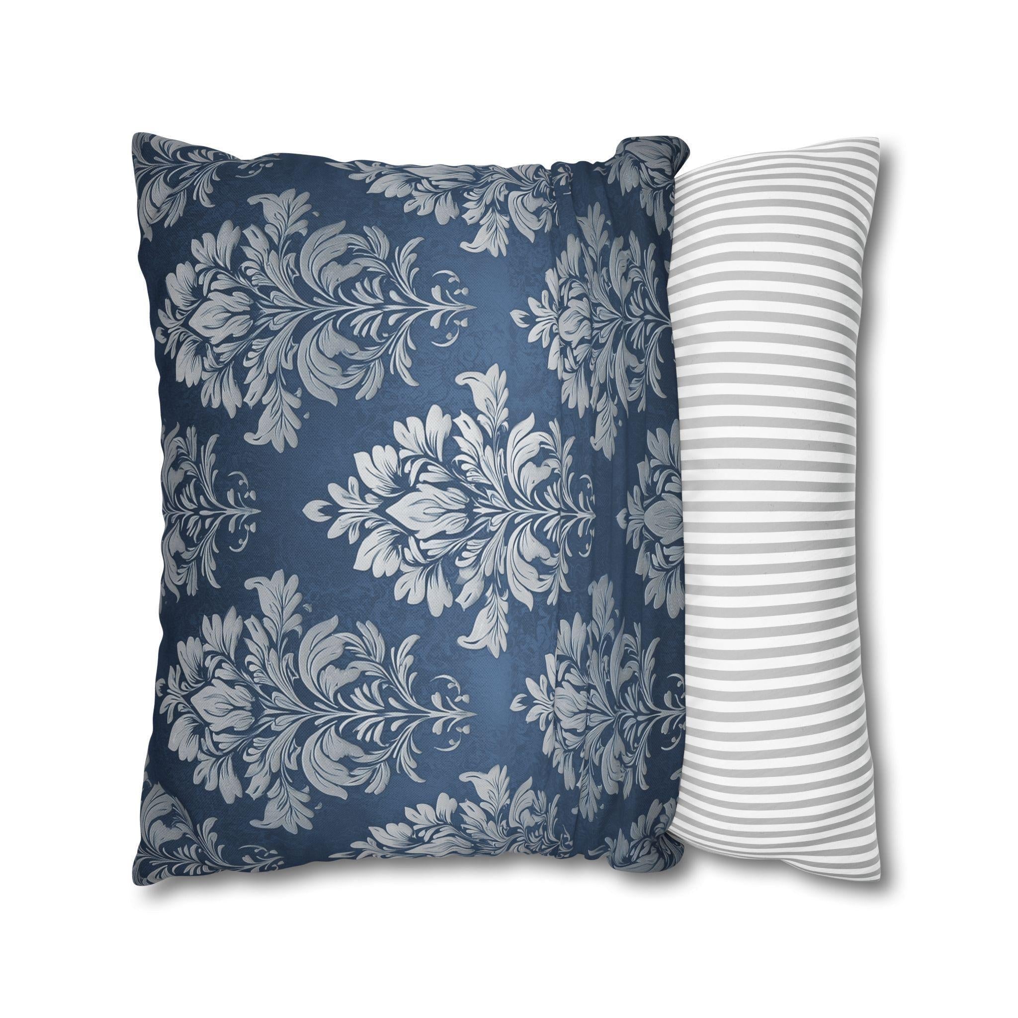 Steel Blue Damask Pillow Cover: Elegant Floral Cushion