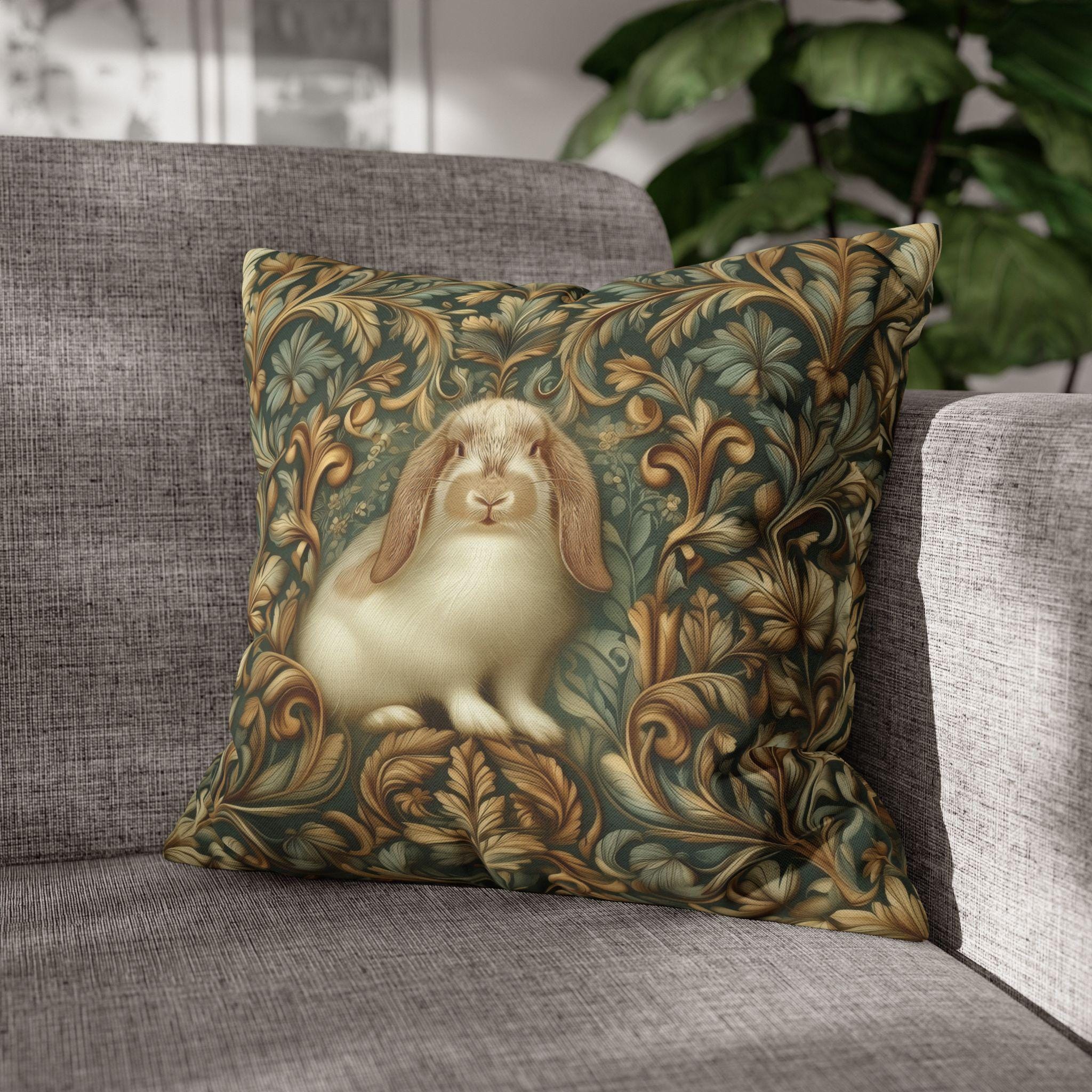 William Morris Woodland Botanical Pillow Cover: American Fuzzy Lop Rabbit