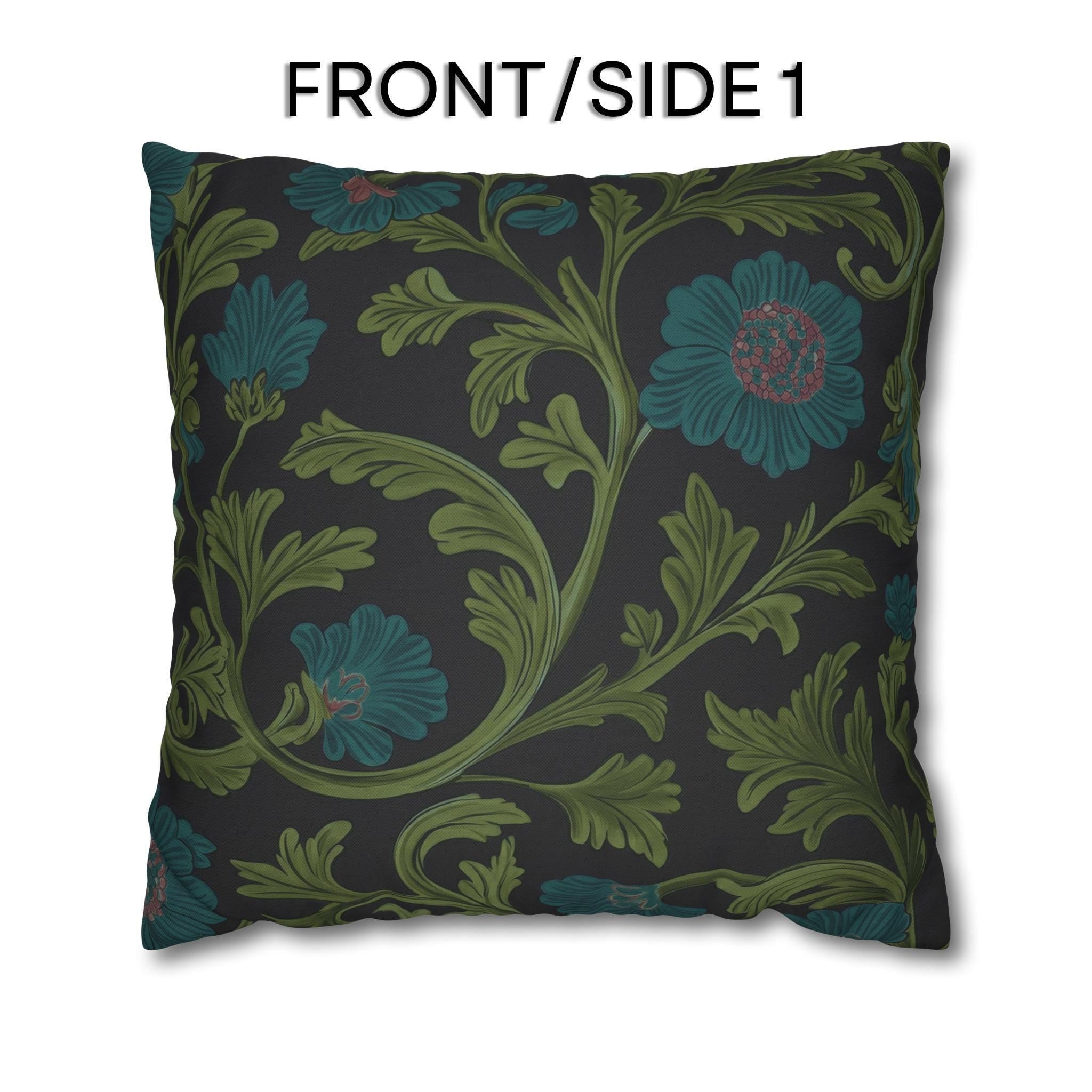 William Morris Pillow Cover: Lodden  Inspired  Charcoal with Olive & Teal Botanicals