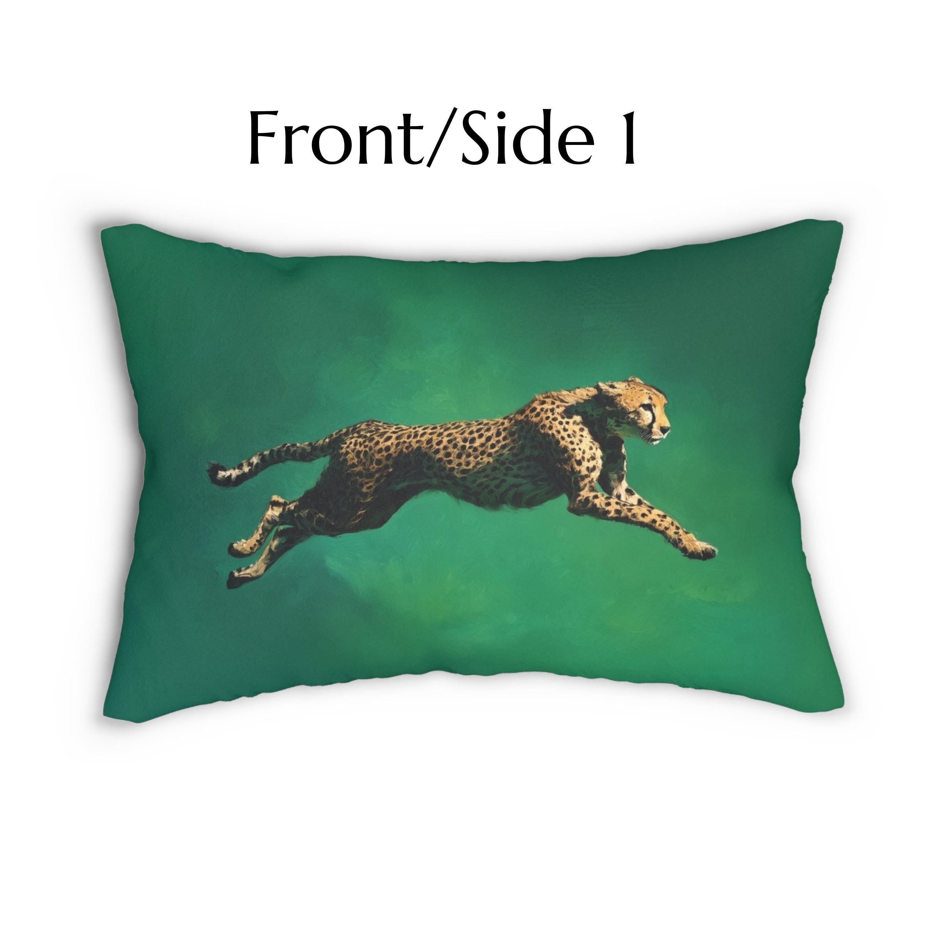 Emerald Sprint Lumbar Pillow: Leaping Cheetah on Jewel-Tone Green