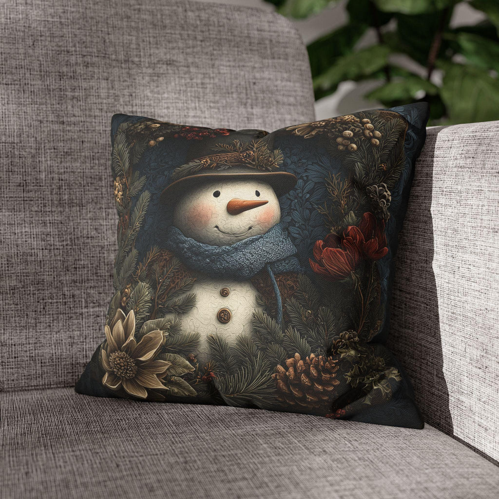 Winter Woodland Snowman Pillow Cover: William Morris Style with Pine, Florals & Vintage Charm