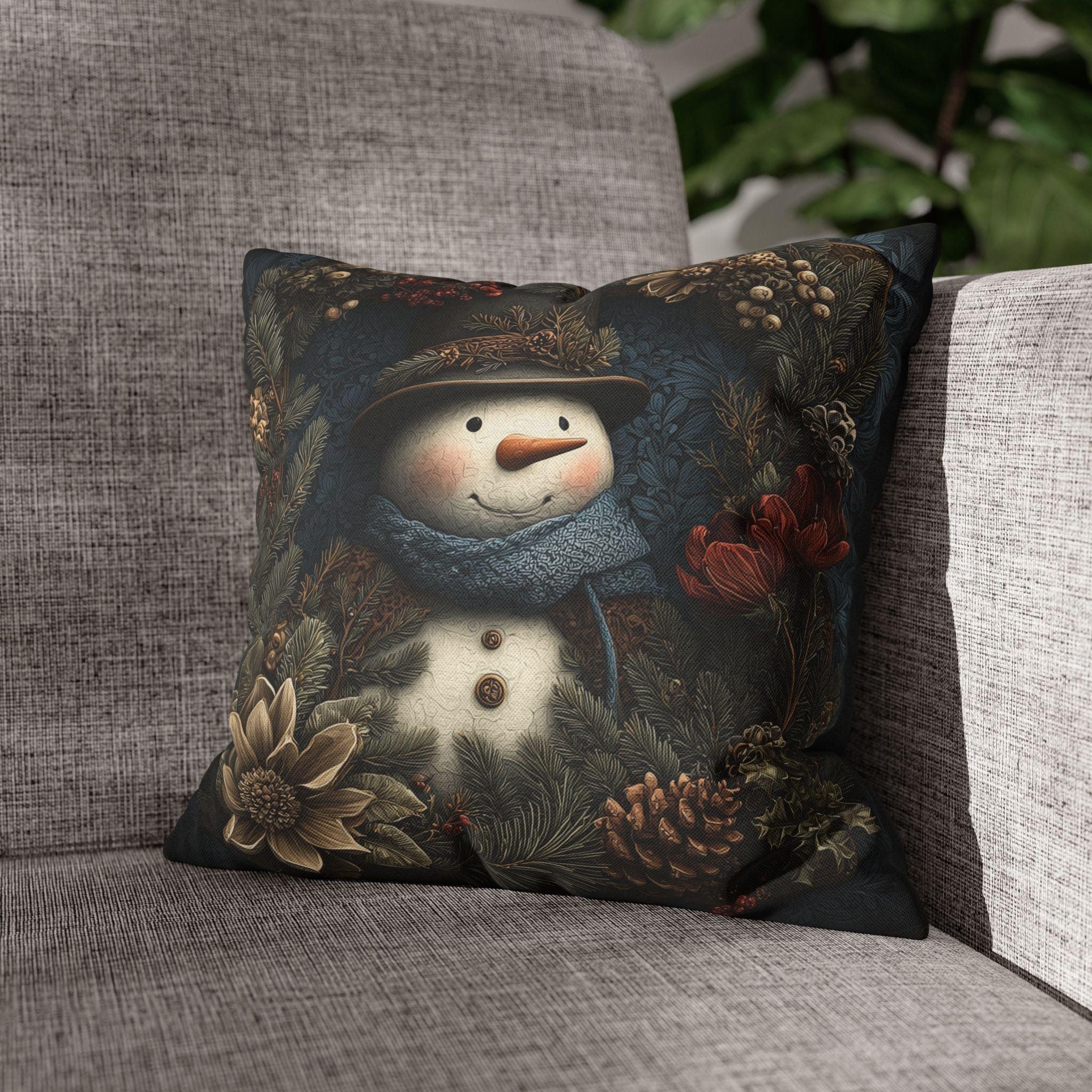 Winter Woodland Snowman Pillow Cover: William Morris Style with Pine, Florals & Vintage Charm