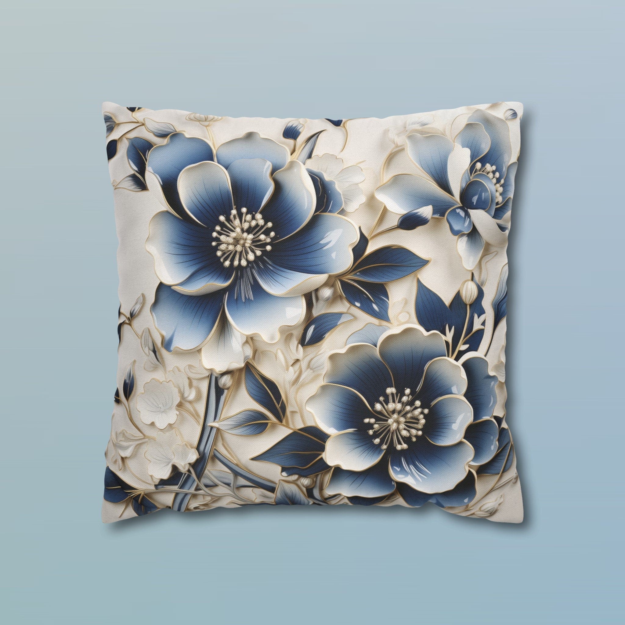 Elegant Chinoiserie Floral Pillow Cover: Blue & Off-White Eastern Motif Cushion for Home Decor