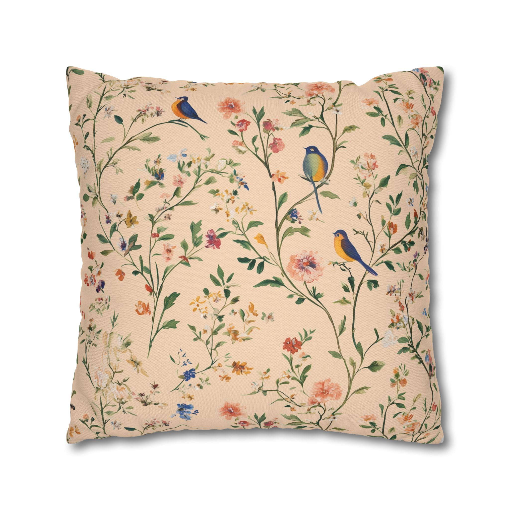 Chinoiserie Bird Pillow Cover: Vintage Style Peach Floral Cushion
