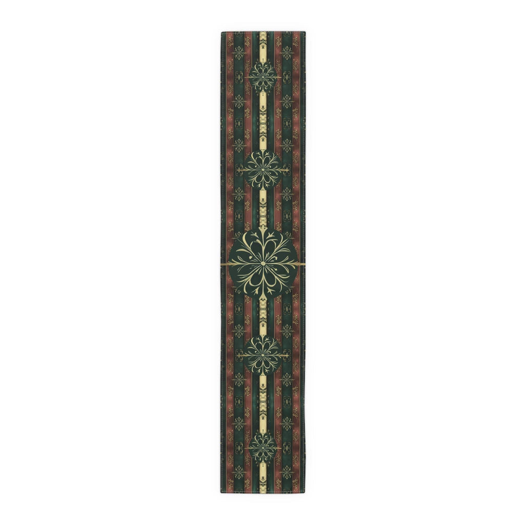 Elegant Christmas Table Runner: Green Red and Gold Snowflake Design