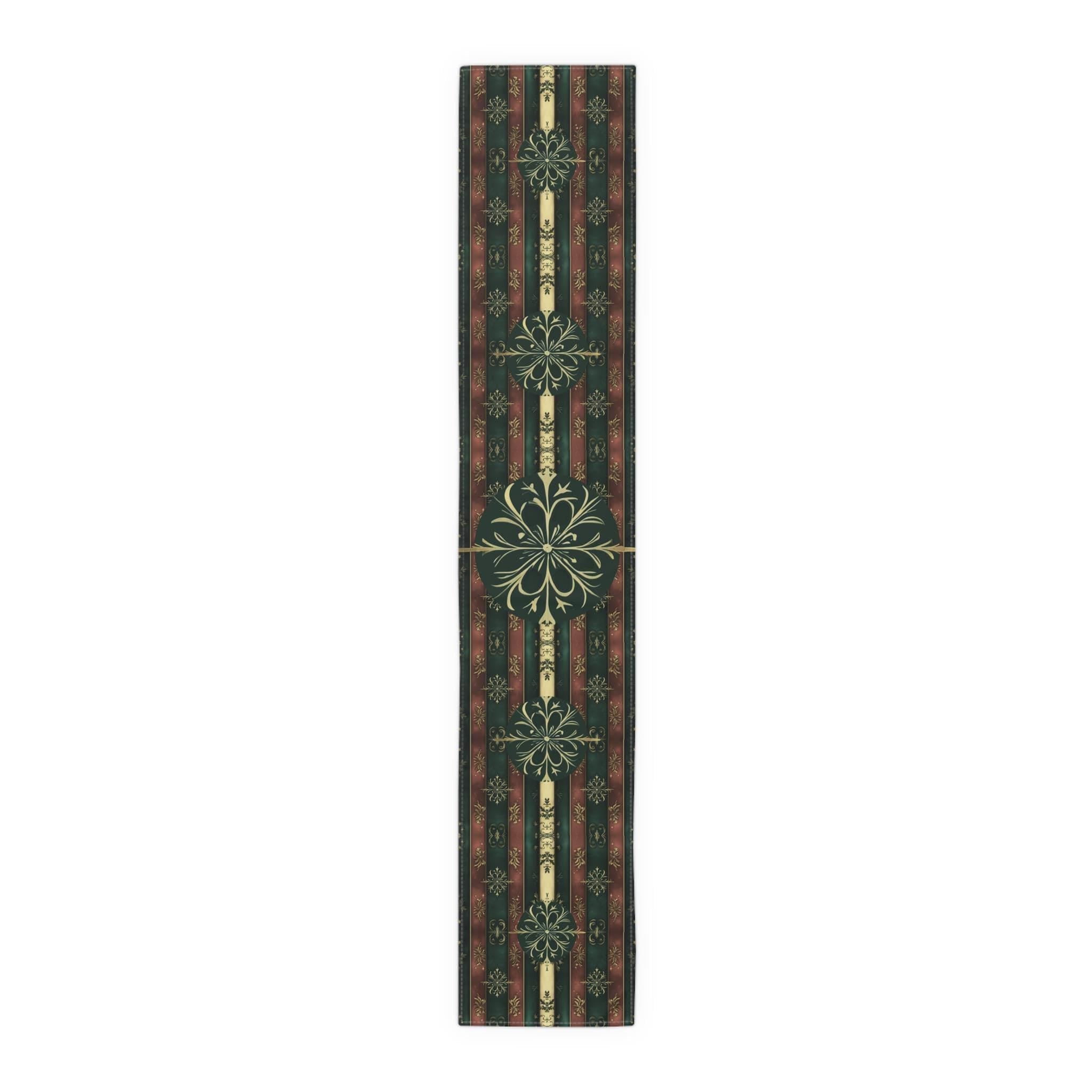 Elegant Christmas Table Runner: Green Red and Gold Snowflake Design