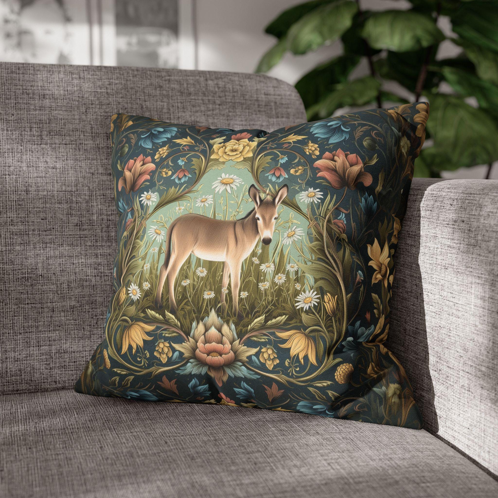 Donkey Garden Floral Pillow Cover: William Morris Inspired Botanical Meadow Decor