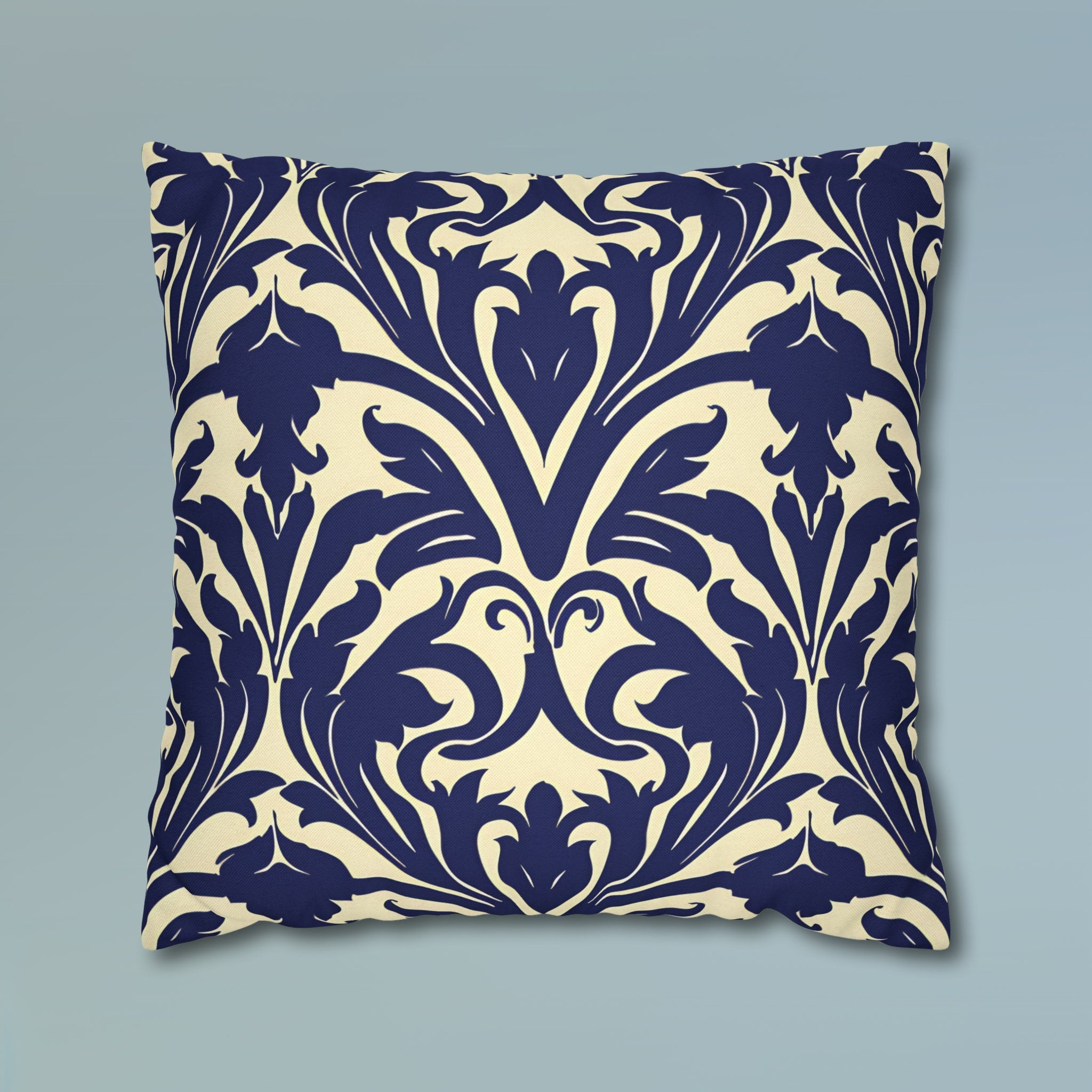 Art Nouveau Floral Pillow Cover, Deep Blue on Off-White