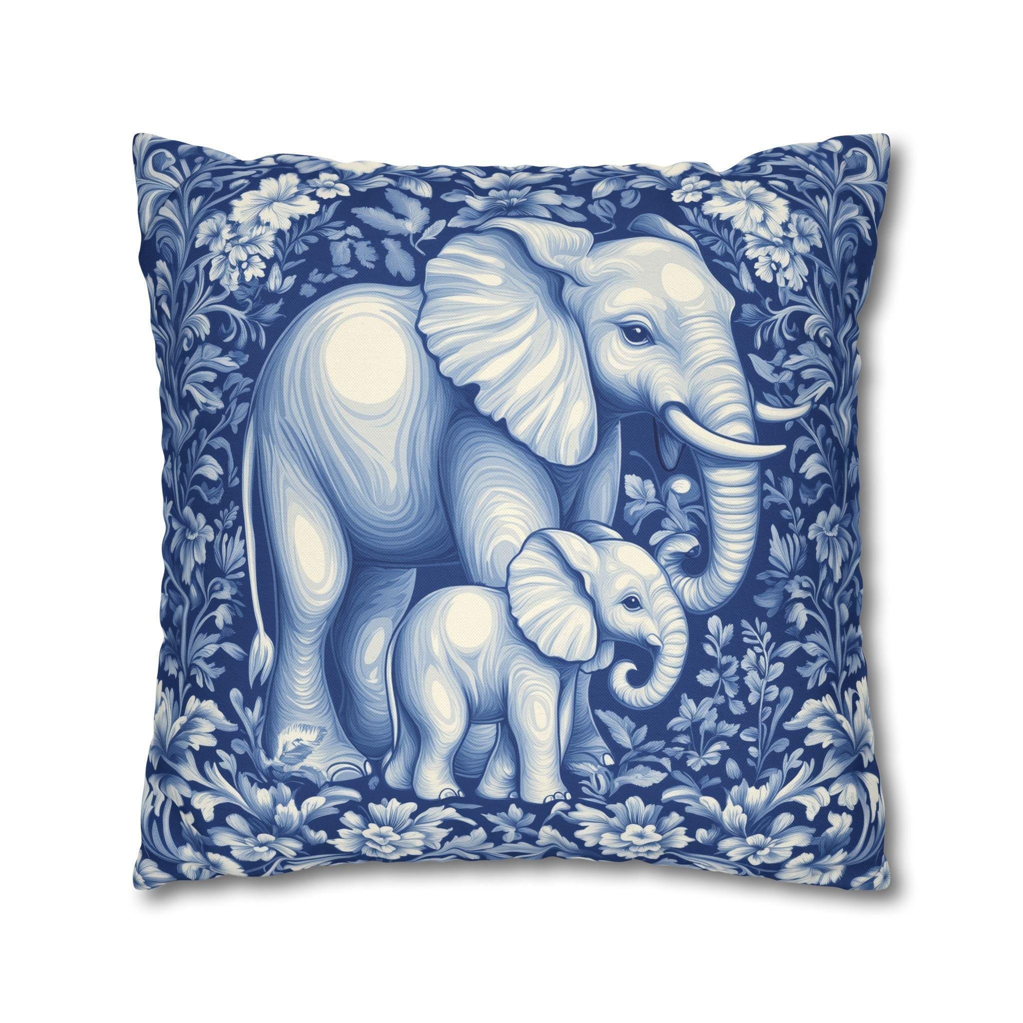William Morris Inspired Elephant Pillow Cover: Blue & White Botanical Tapestry Cushion Case